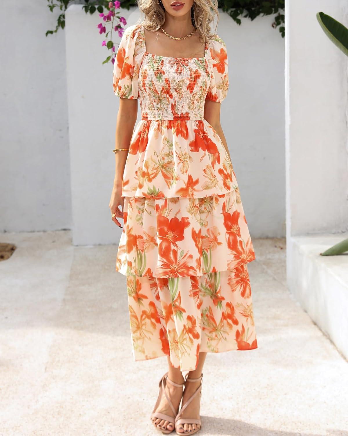 imageBTFBM Womens Square Neck Smocked Dress Summer Puff Short Sleeve Floral Casual Ruffle Tiered Maxi Wedding Guest DressesFloral Apricot Orange