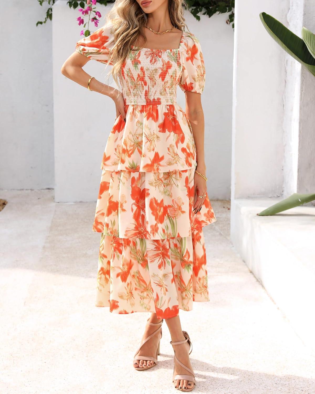 imageBTFBM Womens Square Neck Smocked Dress Summer Puff Short Sleeve Floral Casual Ruffle Tiered Maxi Wedding Guest DressesFloral Apricot Orange