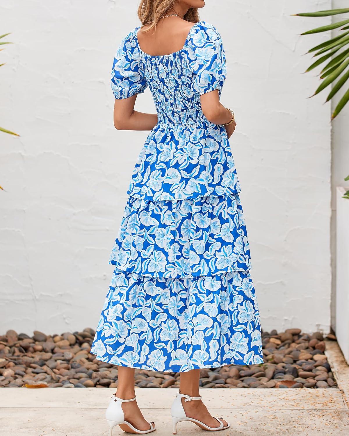 imageBTFBM Womens Square Neck Smocked Dress Summer Puff Short Sleeve Floral Casual Ruffle Tiered Maxi Wedding Guest DressesFloral Blue