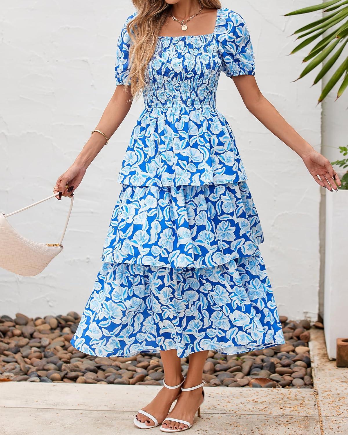 imageBTFBM Womens Square Neck Smocked Dress Summer Puff Short Sleeve Floral Casual Ruffle Tiered Maxi Wedding Guest DressesFloral Blue