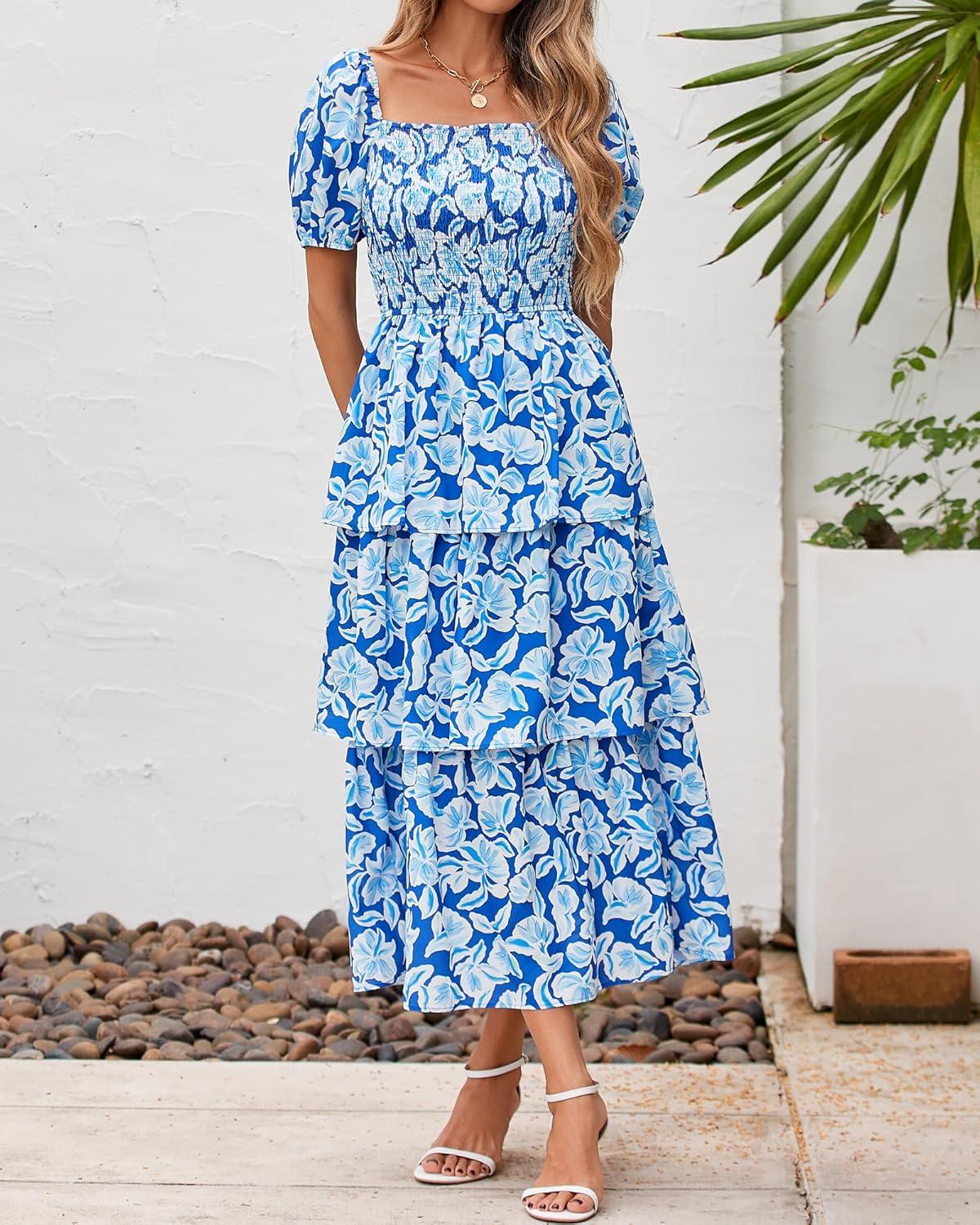 imageBTFBM Womens Square Neck Smocked Dress Summer Puff Short Sleeve Floral Casual Ruffle Tiered Maxi Wedding Guest DressesFloral Blue