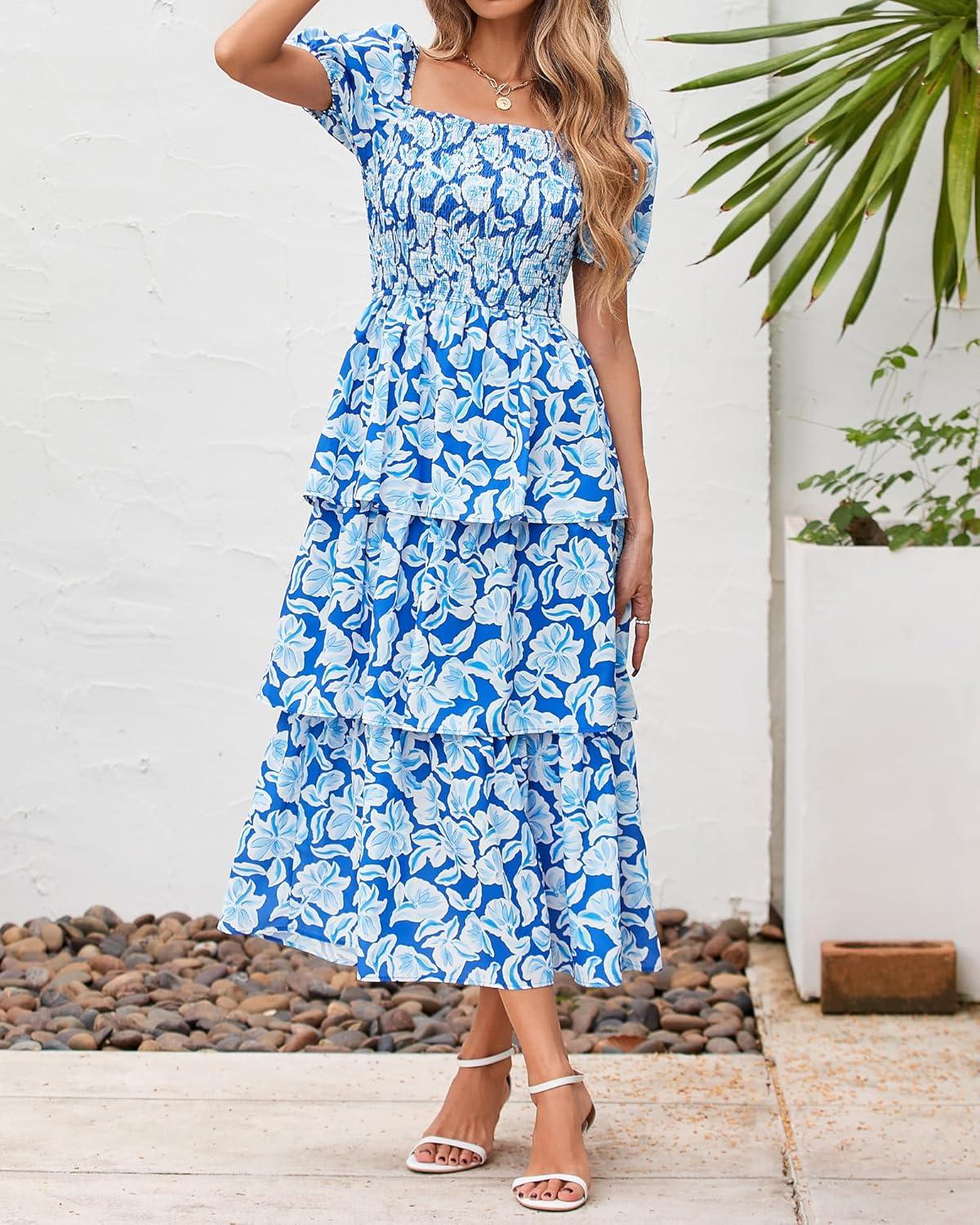 imageBTFBM Womens Square Neck Smocked Dress Summer Puff Short Sleeve Floral Casual Ruffle Tiered Maxi Wedding Guest DressesFloral Blue