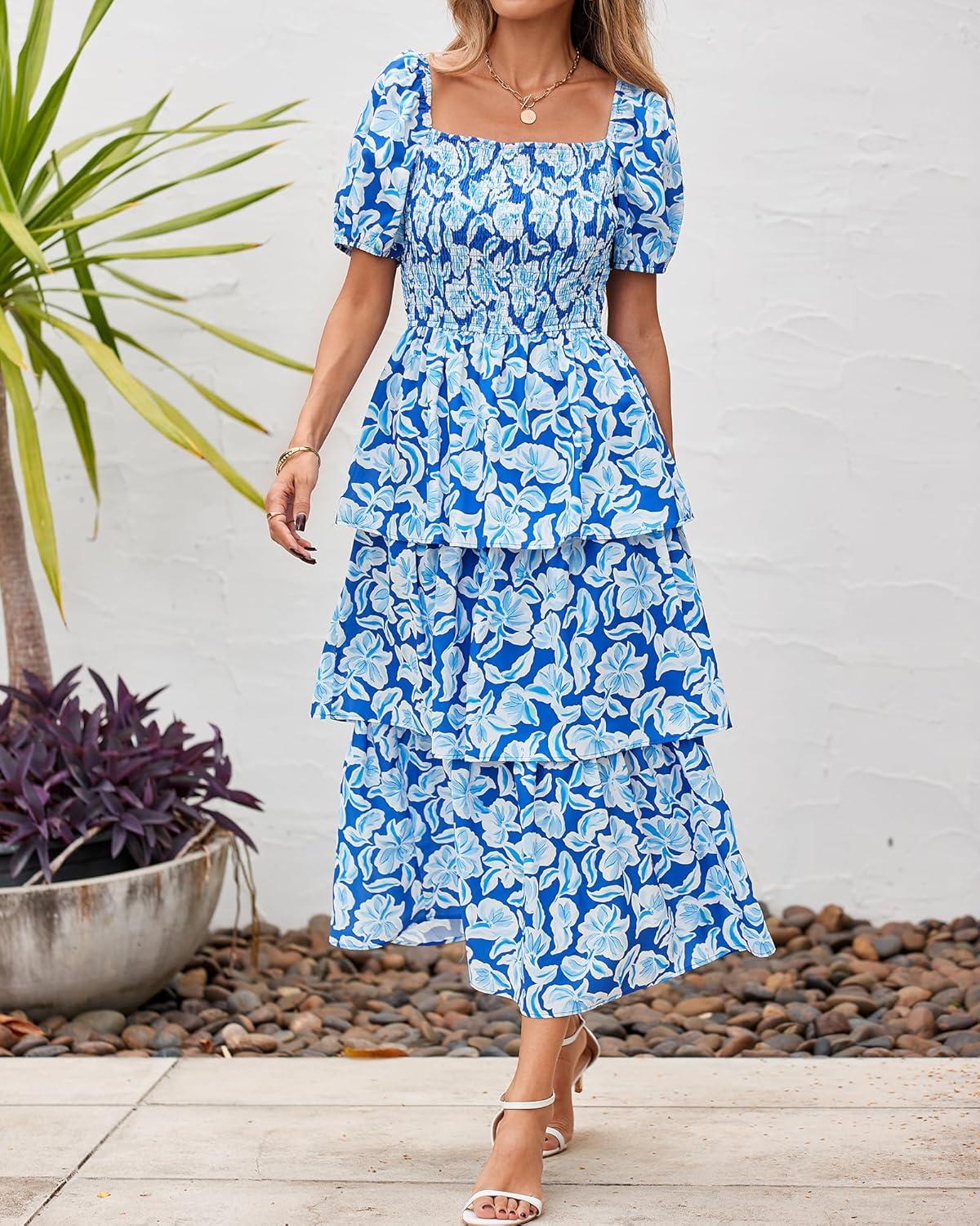 imageBTFBM Womens Square Neck Smocked Dress Summer Puff Short Sleeve Floral Casual Ruffle Tiered Maxi Wedding Guest DressesFloral Blue