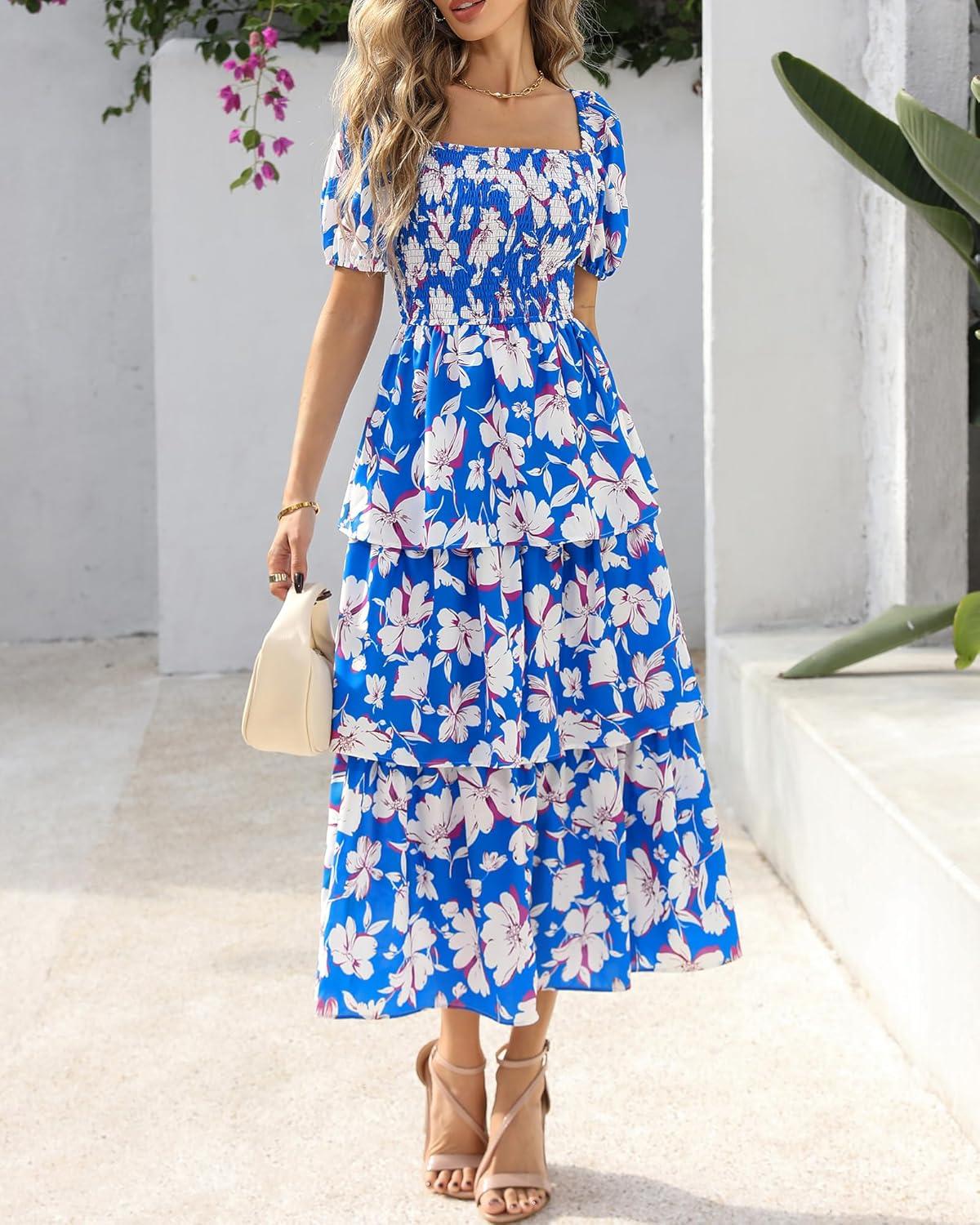 imageBTFBM Womens Square Neck Smocked Dress Summer Puff Short Sleeve Floral Casual Ruffle Tiered Maxi Wedding Guest DressesFloral Blue White