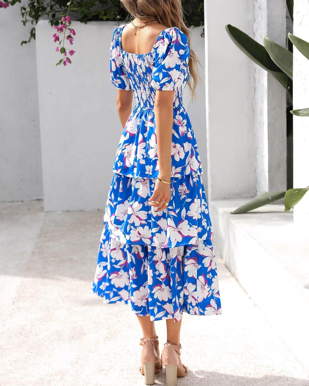 imageBTFBM Womens Square Neck Smocked Dress Summer Puff Short Sleeve Floral Casual Ruffle Tiered Maxi Wedding Guest DressesFloral Blue White