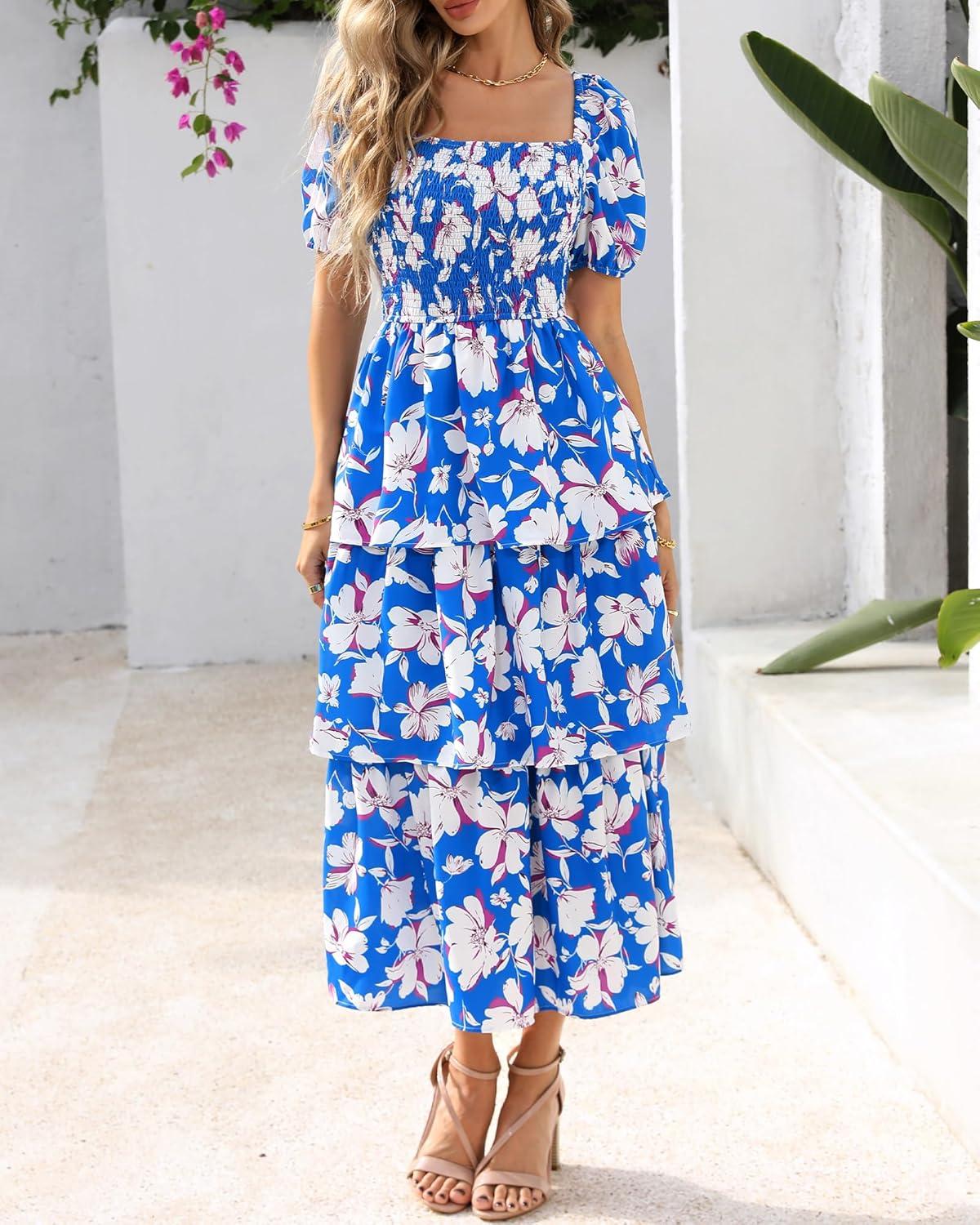imageBTFBM Womens Square Neck Smocked Dress Summer Puff Short Sleeve Floral Casual Ruffle Tiered Maxi Wedding Guest DressesFloral Blue White