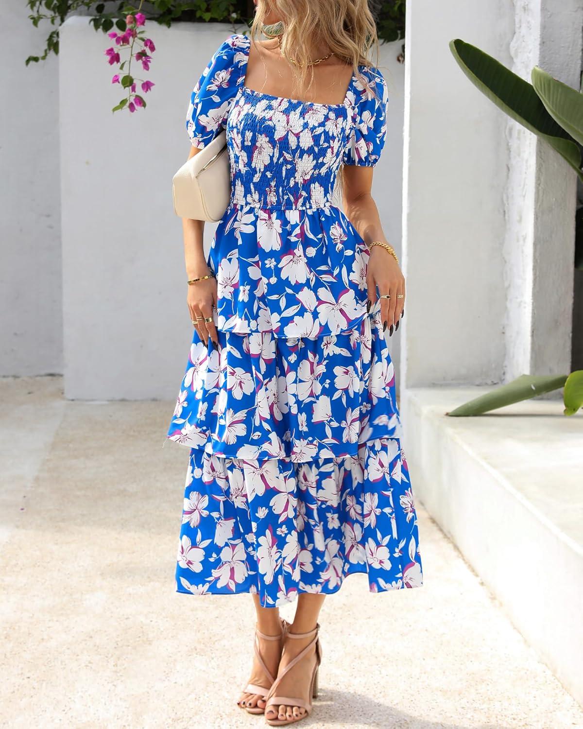 imageBTFBM Womens Square Neck Smocked Dress Summer Puff Short Sleeve Floral Casual Ruffle Tiered Maxi Wedding Guest DressesFloral Blue White