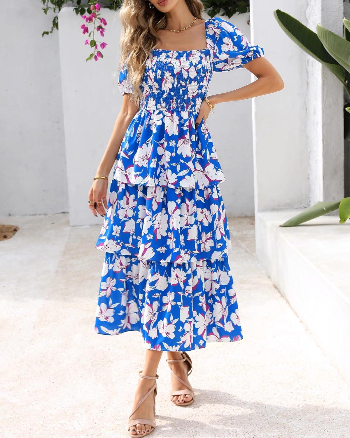 imageBTFBM Womens Square Neck Smocked Dress Summer Puff Short Sleeve Floral Casual Ruffle Tiered Maxi Wedding Guest DressesFloral Blue White