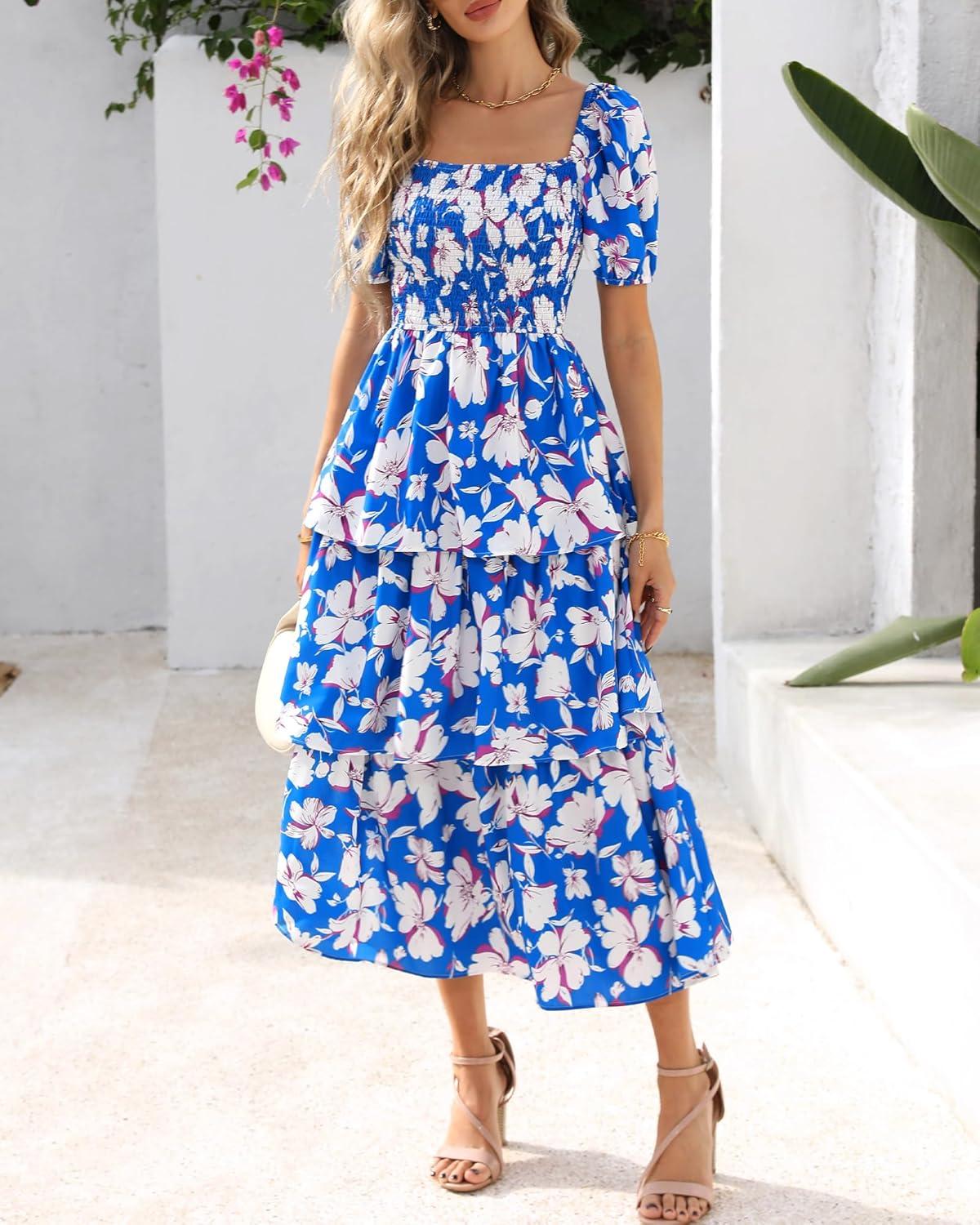 imageBTFBM Womens Square Neck Smocked Dress Summer Puff Short Sleeve Floral Casual Ruffle Tiered Maxi Wedding Guest DressesFloral Blue White