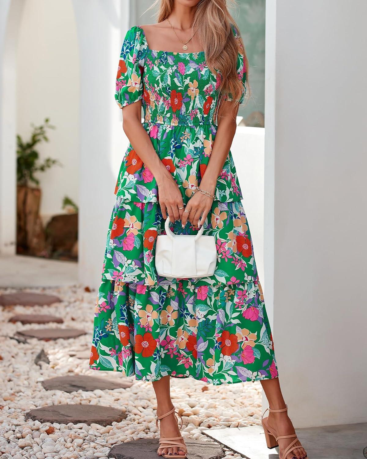 imageBTFBM Womens Square Neck Smocked Dress Summer Puff Short Sleeve Floral Casual Ruffle Tiered Maxi Wedding Guest DressesFloral Green Orange