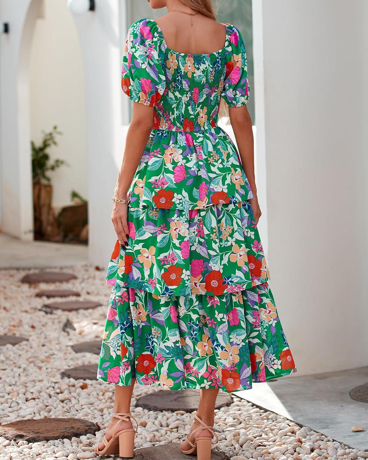 imageBTFBM Womens Square Neck Smocked Dress Summer Puff Short Sleeve Floral Casual Ruffle Tiered Maxi Wedding Guest DressesFloral Green Orange