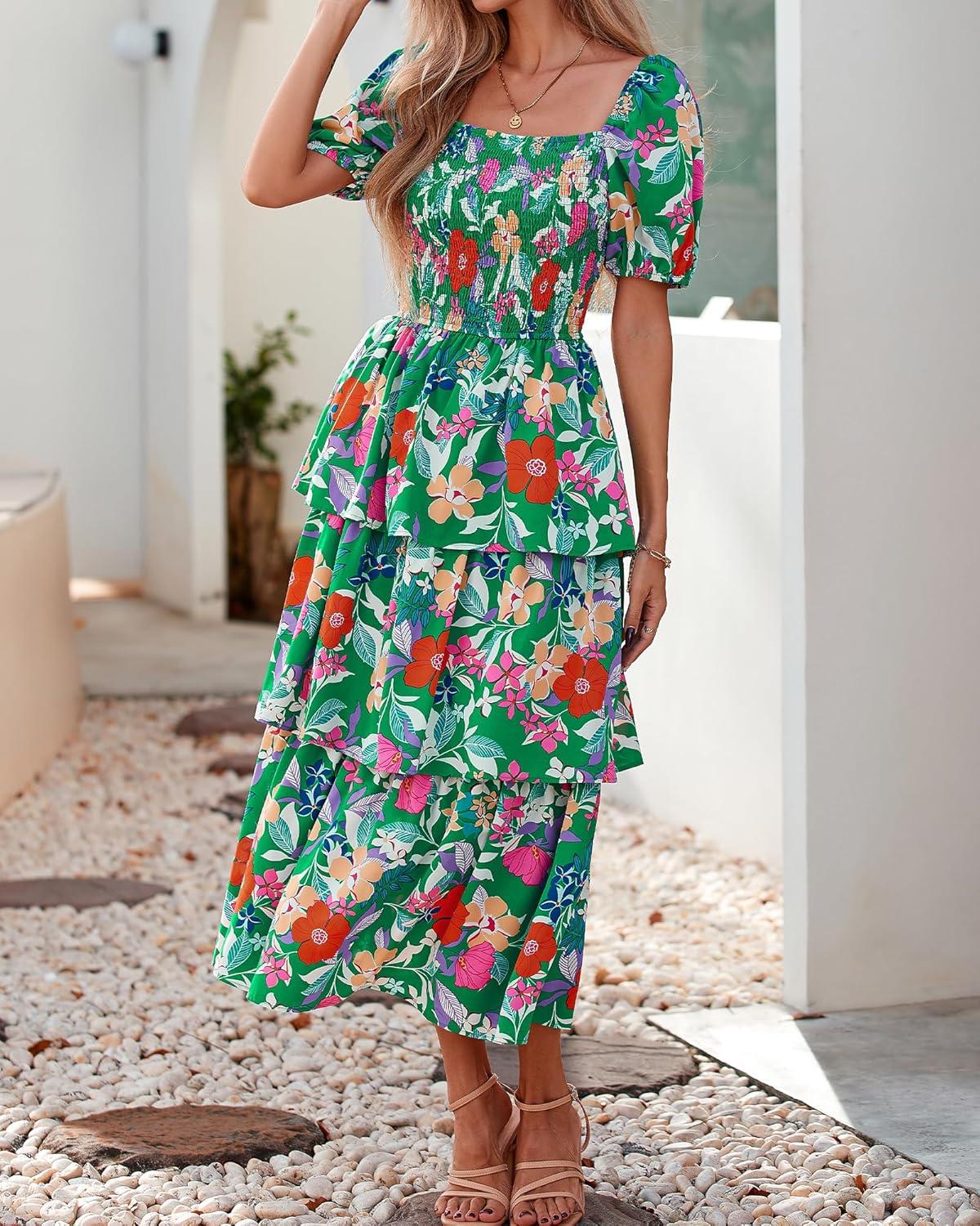 imageBTFBM Womens Square Neck Smocked Dress Summer Puff Short Sleeve Floral Casual Ruffle Tiered Maxi Wedding Guest DressesFloral Green Orange