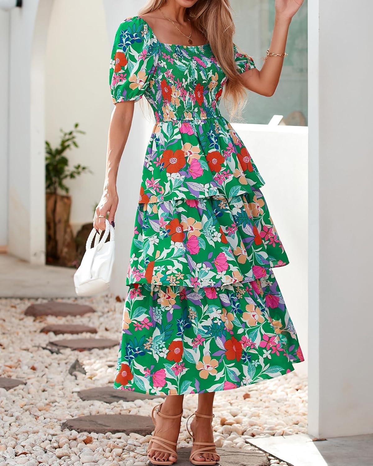 imageBTFBM Womens Square Neck Smocked Dress Summer Puff Short Sleeve Floral Casual Ruffle Tiered Maxi Wedding Guest DressesFloral Green Orange
