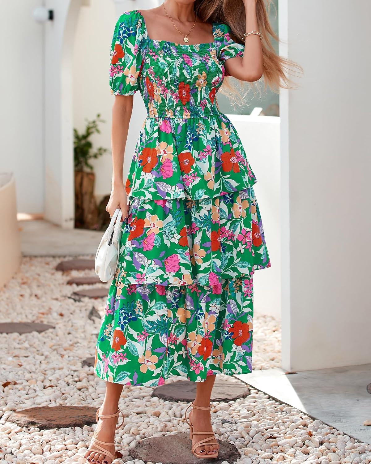 imageBTFBM Womens Square Neck Smocked Dress Summer Puff Short Sleeve Floral Casual Ruffle Tiered Maxi Wedding Guest DressesFloral Green Orange