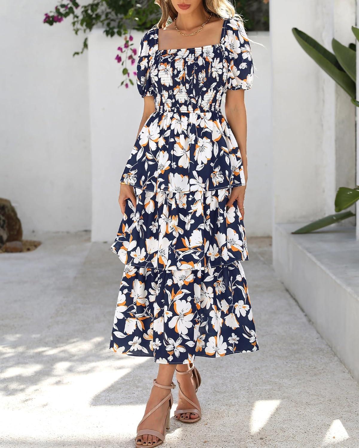 imageBTFBM Womens Square Neck Smocked Dress Summer Puff Short Sleeve Floral Casual Ruffle Tiered Maxi Wedding Guest DressesFloral Navy White