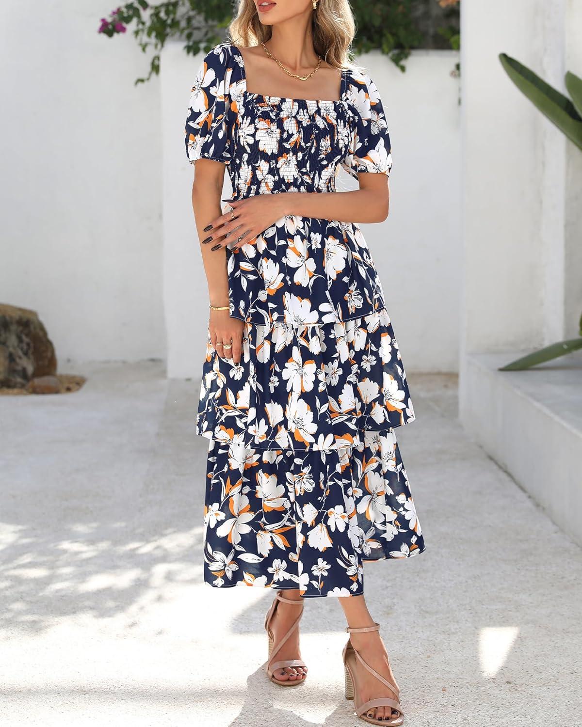 imageBTFBM Womens Square Neck Smocked Dress Summer Puff Short Sleeve Floral Casual Ruffle Tiered Maxi Wedding Guest DressesFloral Navy White
