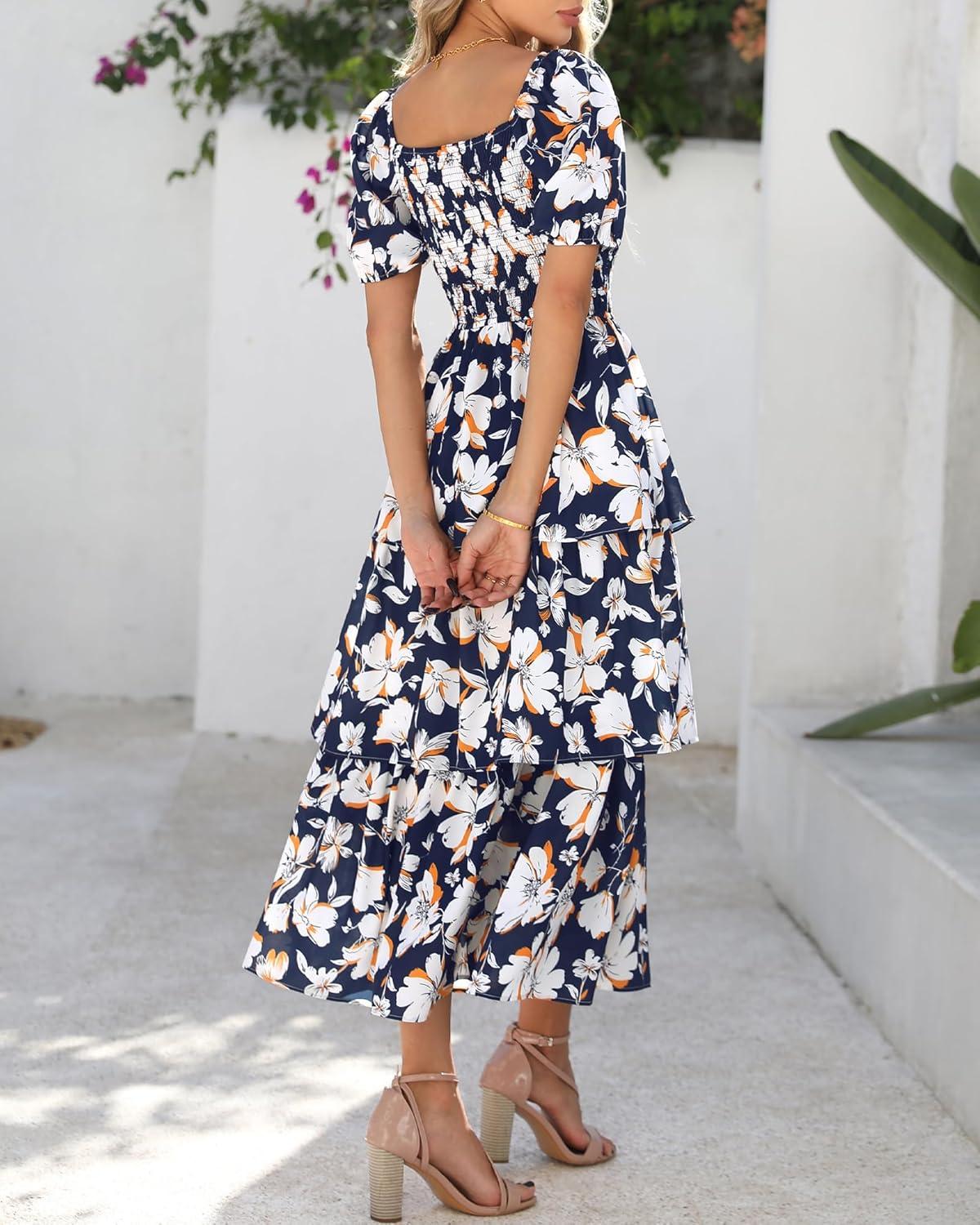 imageBTFBM Womens Square Neck Smocked Dress Summer Puff Short Sleeve Floral Casual Ruffle Tiered Maxi Wedding Guest DressesFloral Navy White