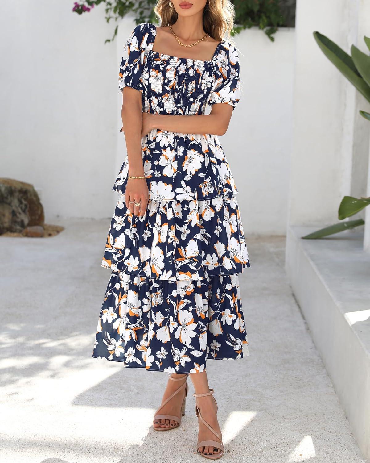 imageBTFBM Womens Square Neck Smocked Dress Summer Puff Short Sleeve Floral Casual Ruffle Tiered Maxi Wedding Guest DressesFloral Navy White