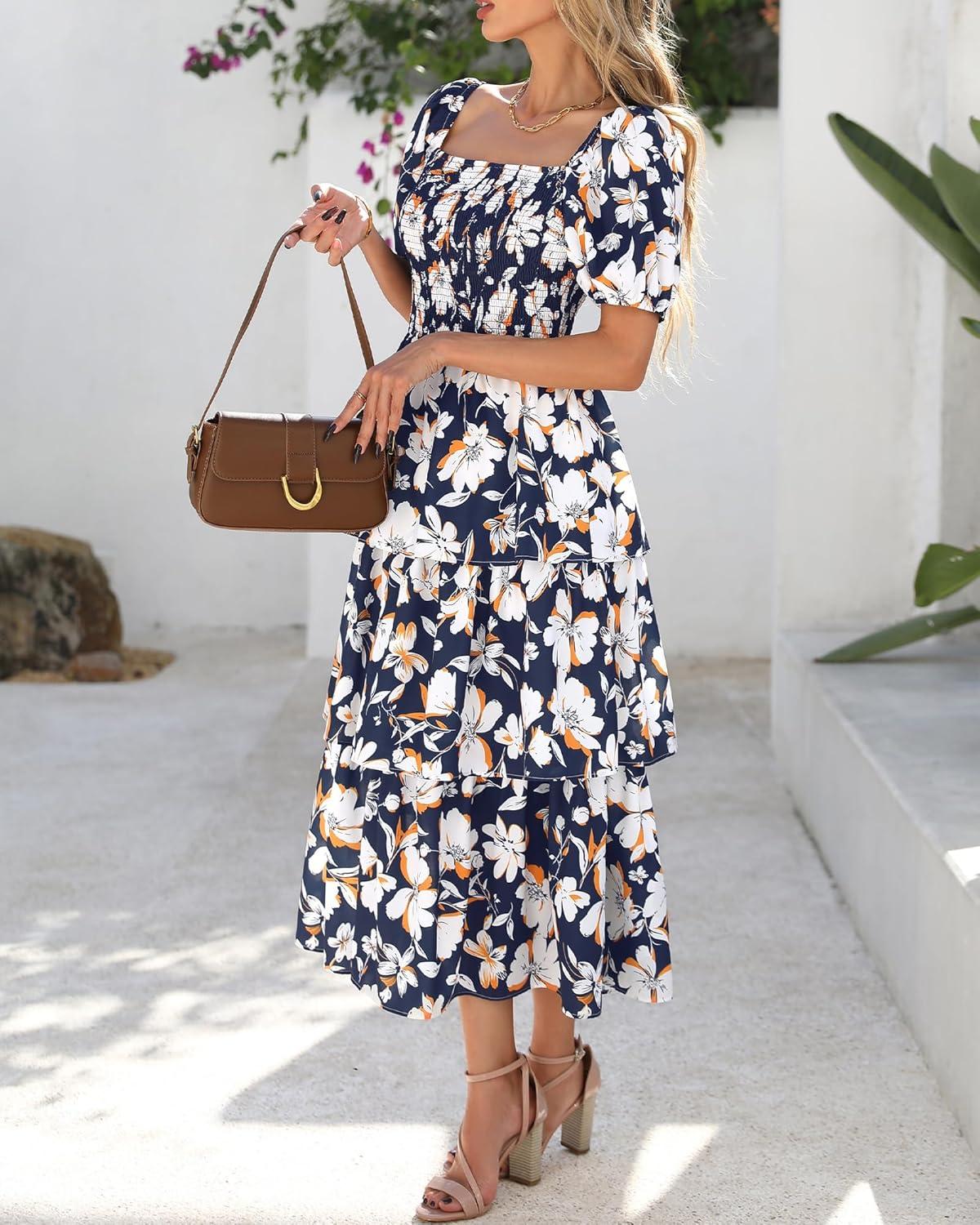 imageBTFBM Womens Square Neck Smocked Dress Summer Puff Short Sleeve Floral Casual Ruffle Tiered Maxi Wedding Guest DressesFloral Navy White