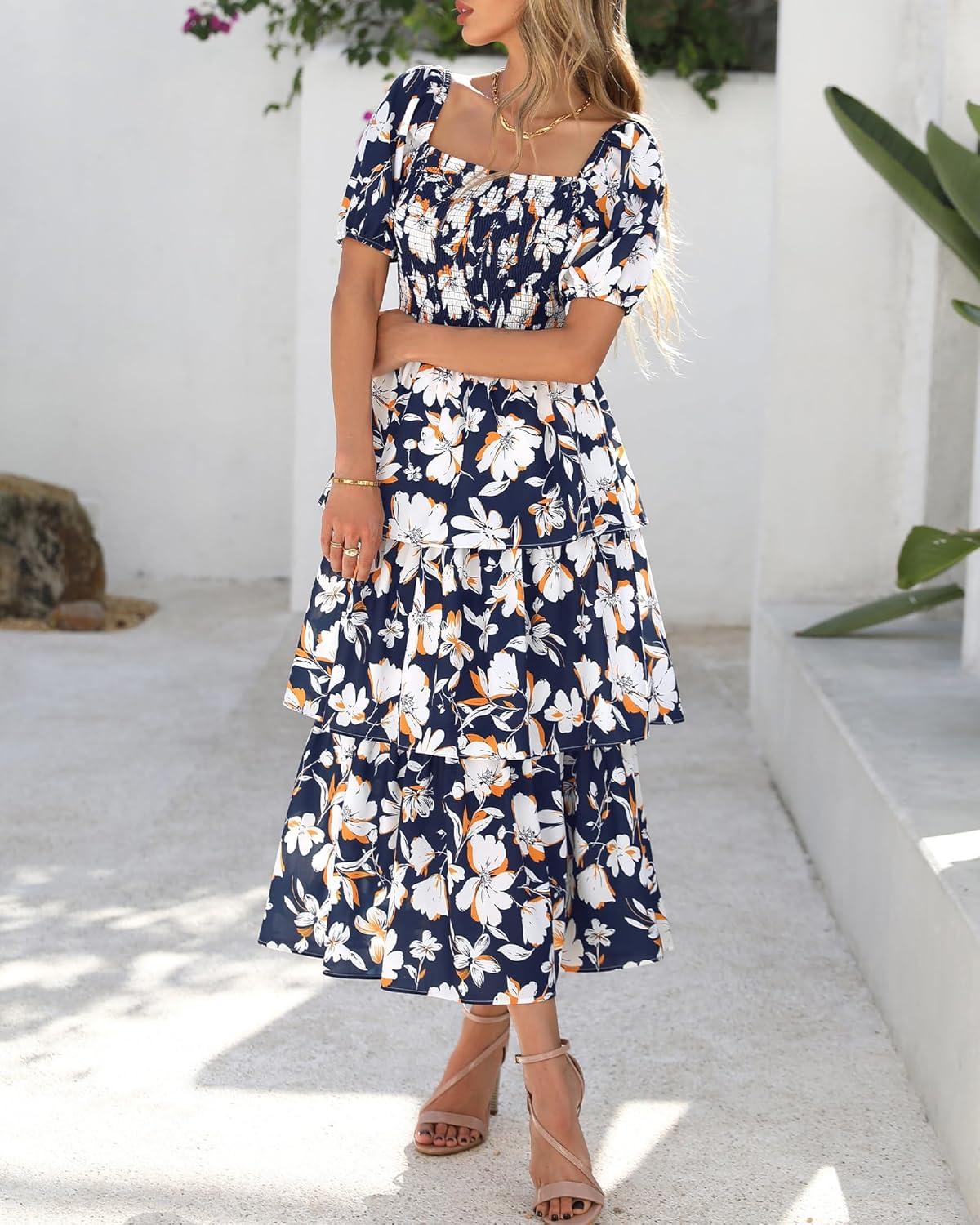 imageBTFBM Womens Square Neck Smocked Dress Summer Puff Short Sleeve Floral Casual Ruffle Tiered Maxi Wedding Guest DressesFloral Navy White