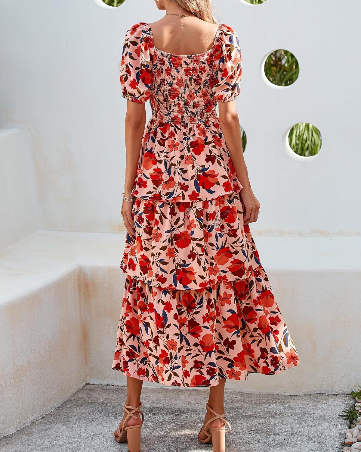 imageBTFBM Womens Square Neck Smocked Dress Summer Puff Short Sleeve Floral Casual Ruffle Tiered Maxi Wedding Guest DressesFloral Orange Pink Red