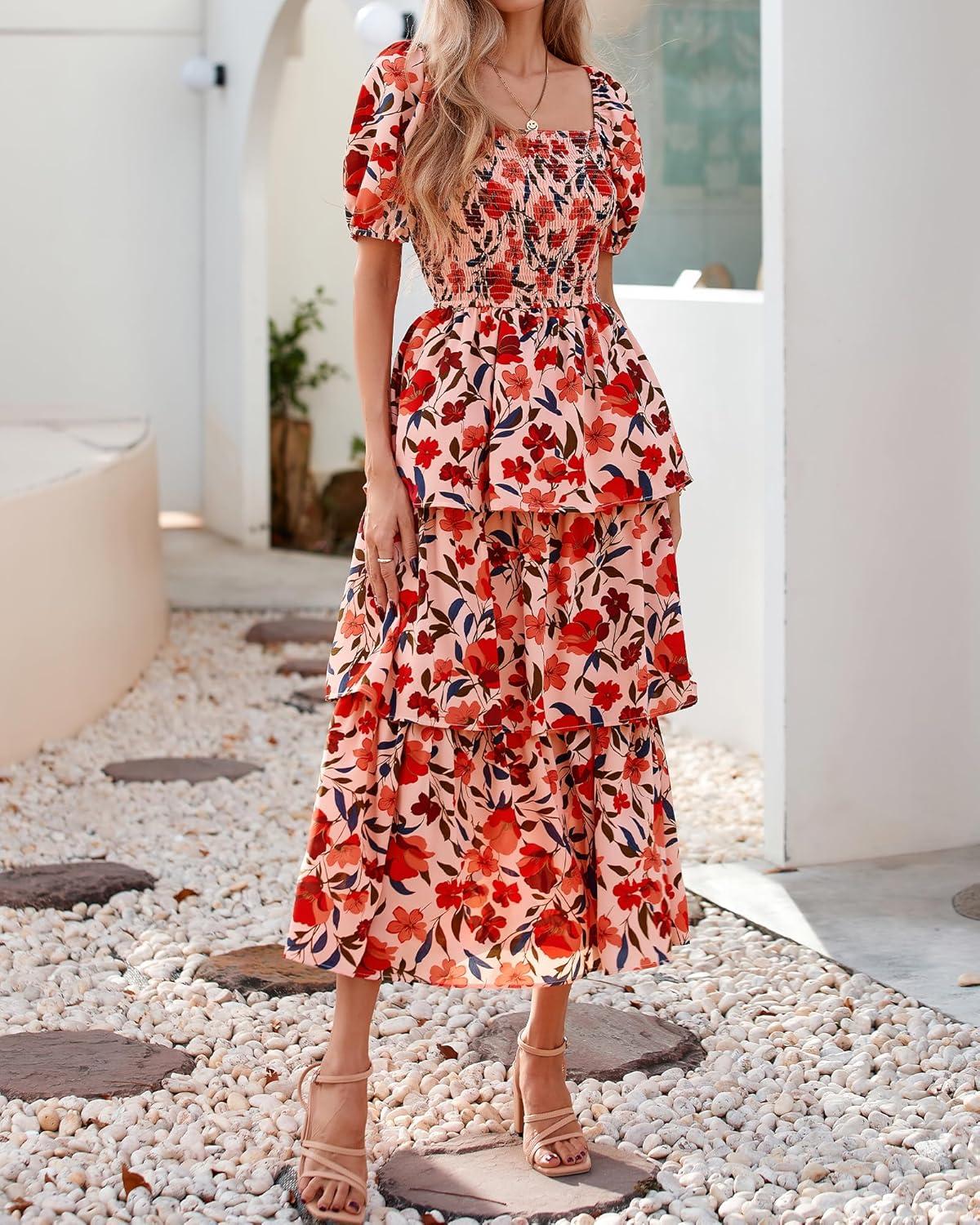 imageBTFBM Womens Square Neck Smocked Dress Summer Puff Short Sleeve Floral Casual Ruffle Tiered Maxi Wedding Guest DressesFloral Orange Pink Red