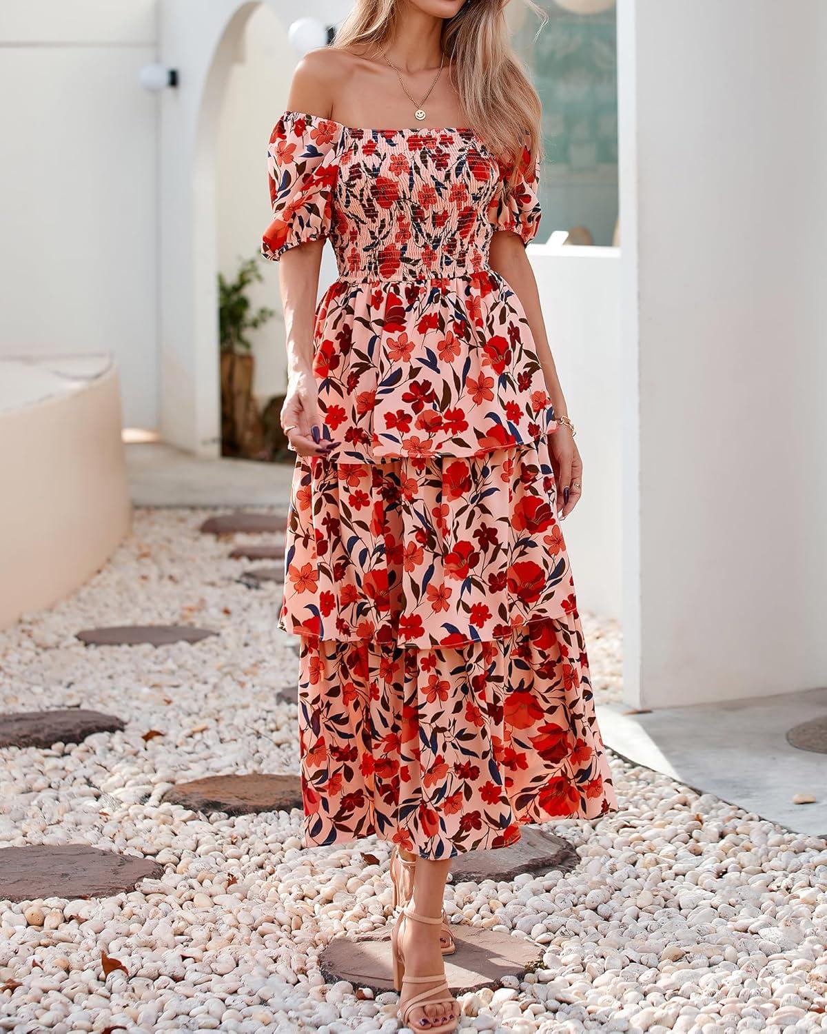 imageBTFBM Womens Square Neck Smocked Dress Summer Puff Short Sleeve Floral Casual Ruffle Tiered Maxi Wedding Guest DressesFloral Orange Pink Red