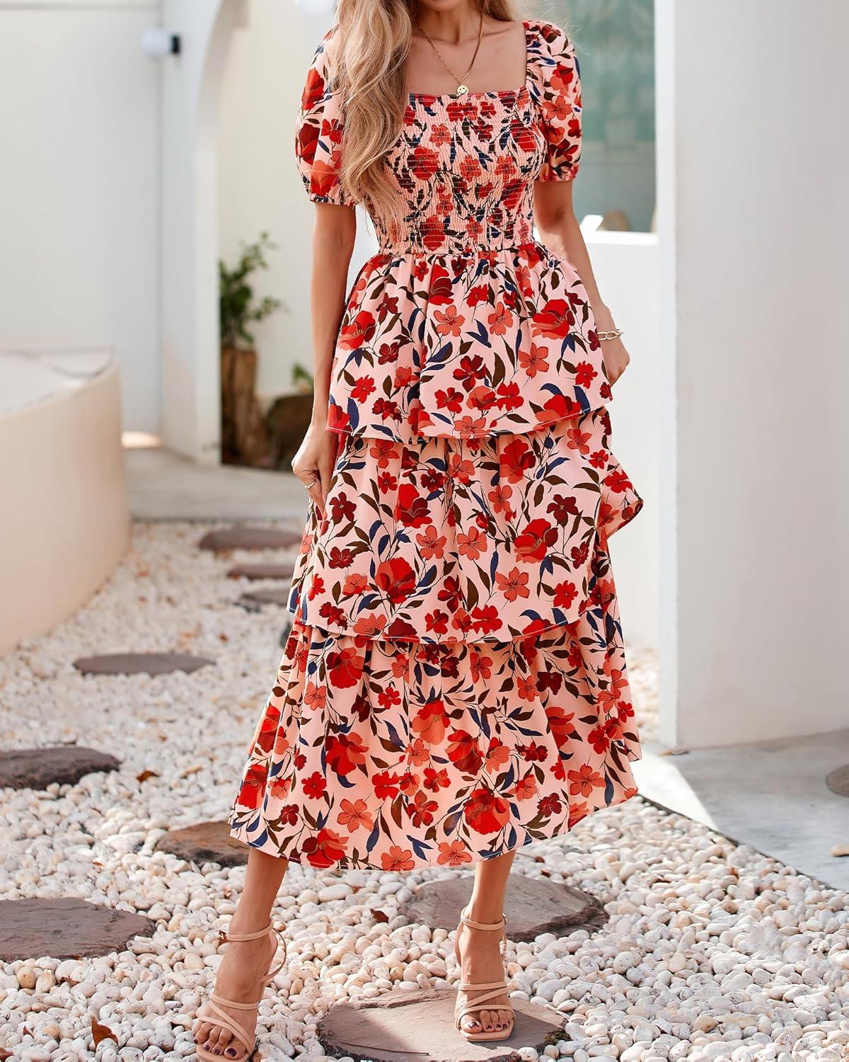 imageBTFBM Womens Square Neck Smocked Dress Summer Puff Short Sleeve Floral Casual Ruffle Tiered Maxi Wedding Guest DressesFloral Orange Pink Red