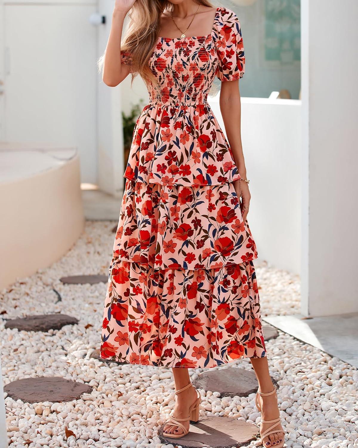 imageBTFBM Womens Square Neck Smocked Dress Summer Puff Short Sleeve Floral Casual Ruffle Tiered Maxi Wedding Guest DressesFloral Orange Pink Red