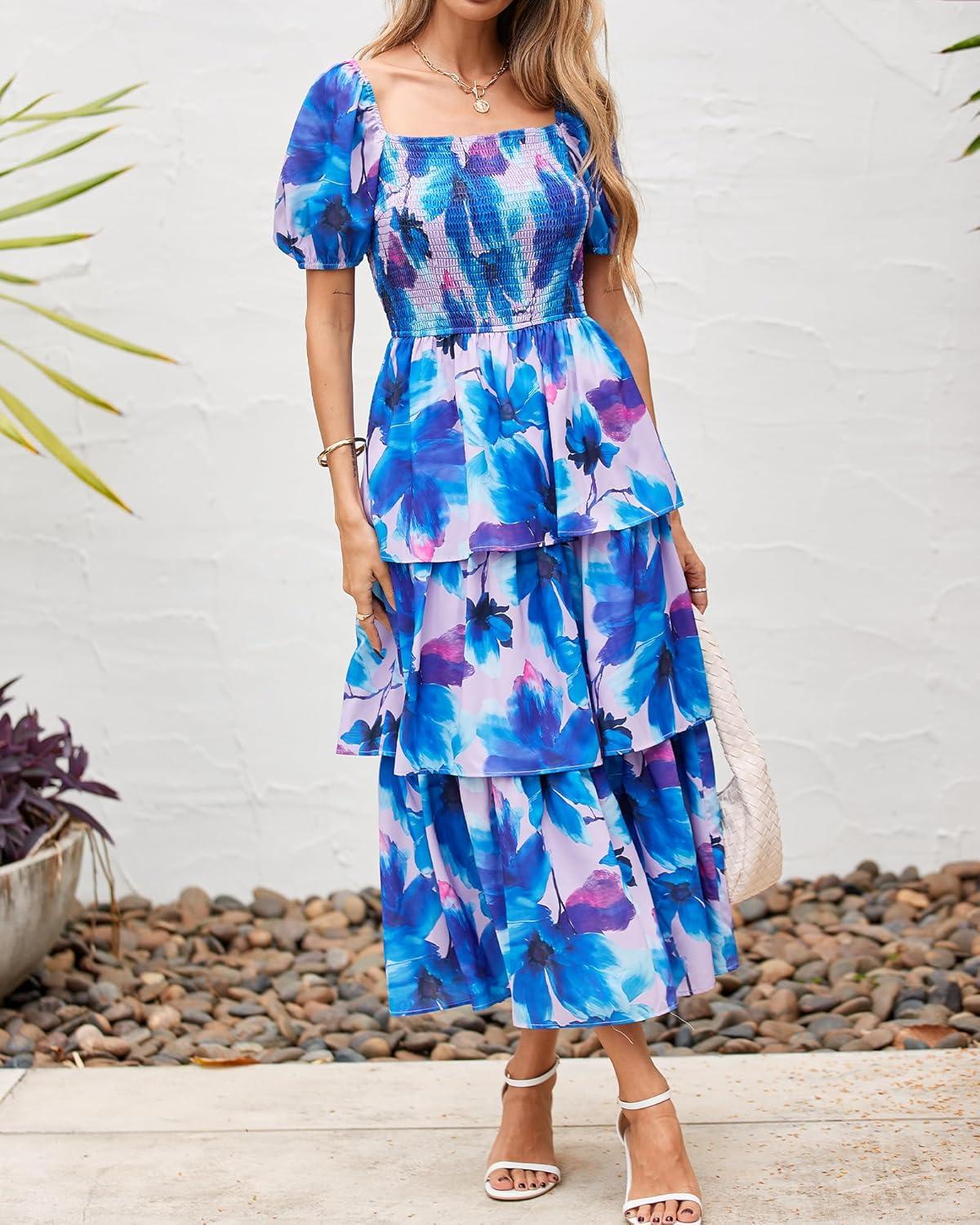 imageBTFBM Womens Square Neck Smocked Dress Summer Puff Short Sleeve Floral Casual Ruffle Tiered Maxi Wedding Guest DressesFloral Pink Blue