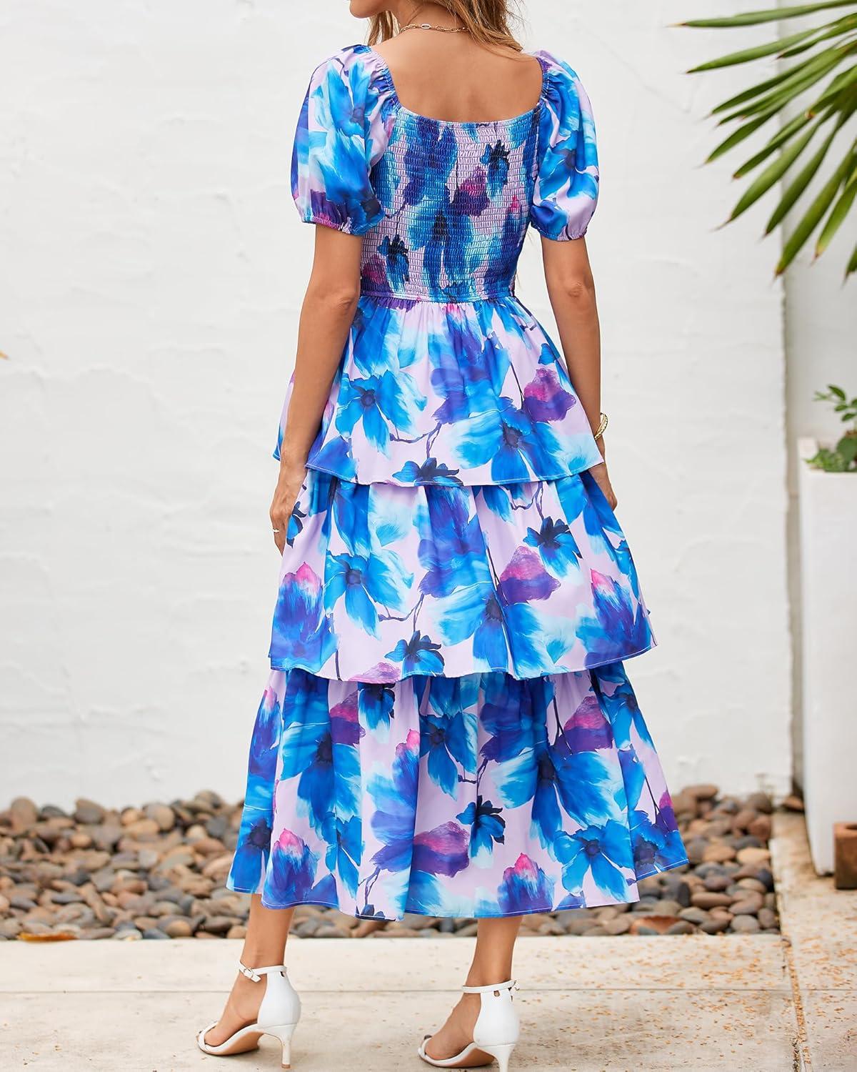imageBTFBM Womens Square Neck Smocked Dress Summer Puff Short Sleeve Floral Casual Ruffle Tiered Maxi Wedding Guest DressesFloral Pink Blue