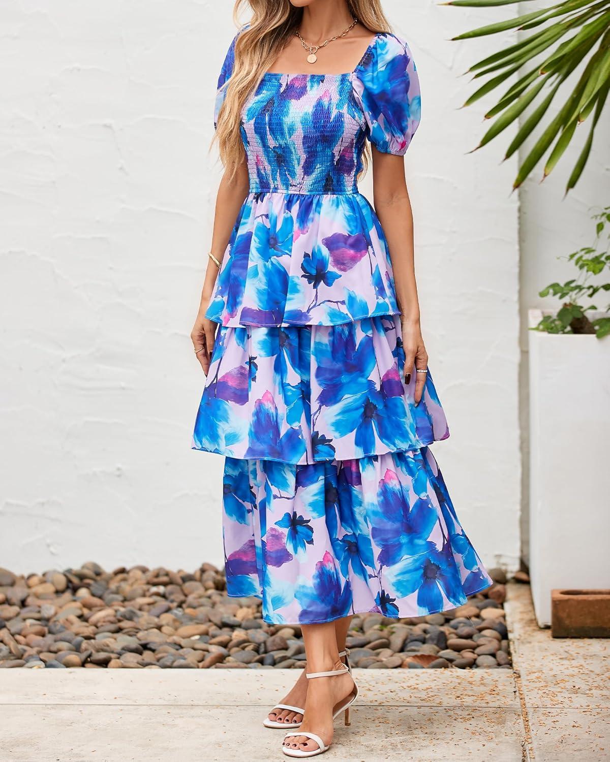 imageBTFBM Womens Square Neck Smocked Dress Summer Puff Short Sleeve Floral Casual Ruffle Tiered Maxi Wedding Guest DressesFloral Pink Blue