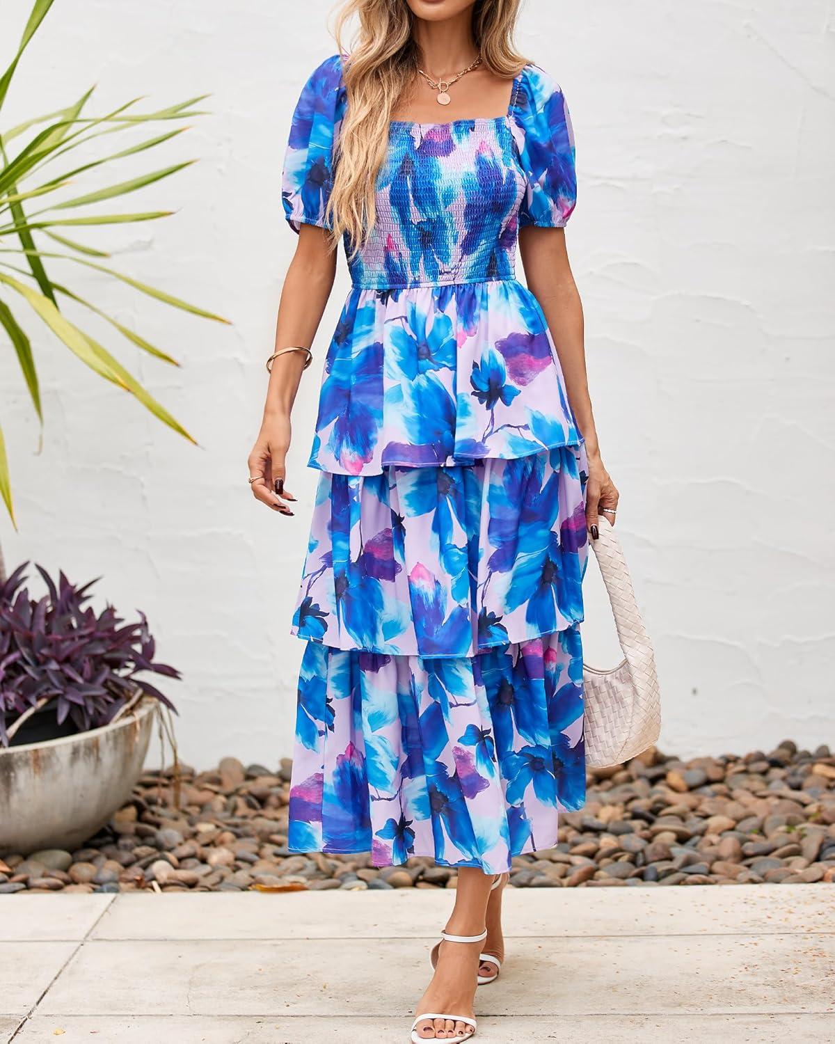 imageBTFBM Womens Square Neck Smocked Dress Summer Puff Short Sleeve Floral Casual Ruffle Tiered Maxi Wedding Guest DressesFloral Pink Blue