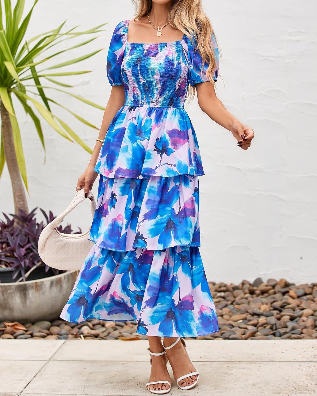 imageBTFBM Womens Square Neck Smocked Dress Summer Puff Short Sleeve Floral Casual Ruffle Tiered Maxi Wedding Guest DressesFloral Pink Blue