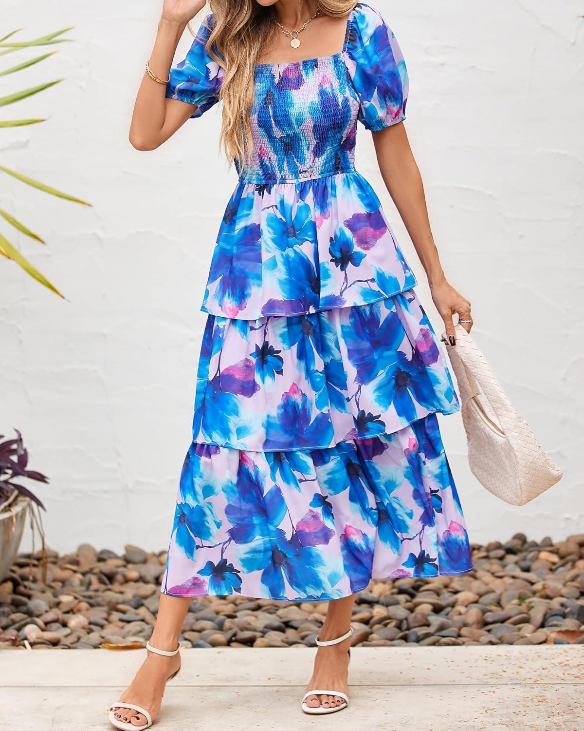 imageBTFBM Womens Square Neck Smocked Dress Summer Puff Short Sleeve Floral Casual Ruffle Tiered Maxi Wedding Guest DressesFloral Pink Blue
