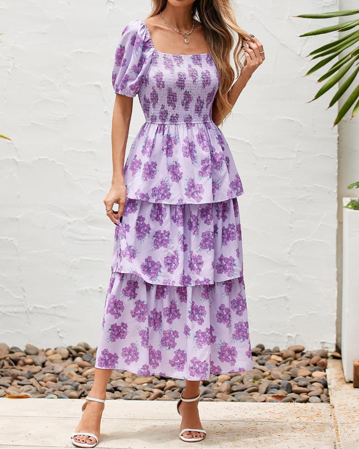 imageBTFBM Womens Square Neck Smocked Dress Summer Puff Short Sleeve Floral Casual Ruffle Tiered Maxi Wedding Guest DressesFloral Purple