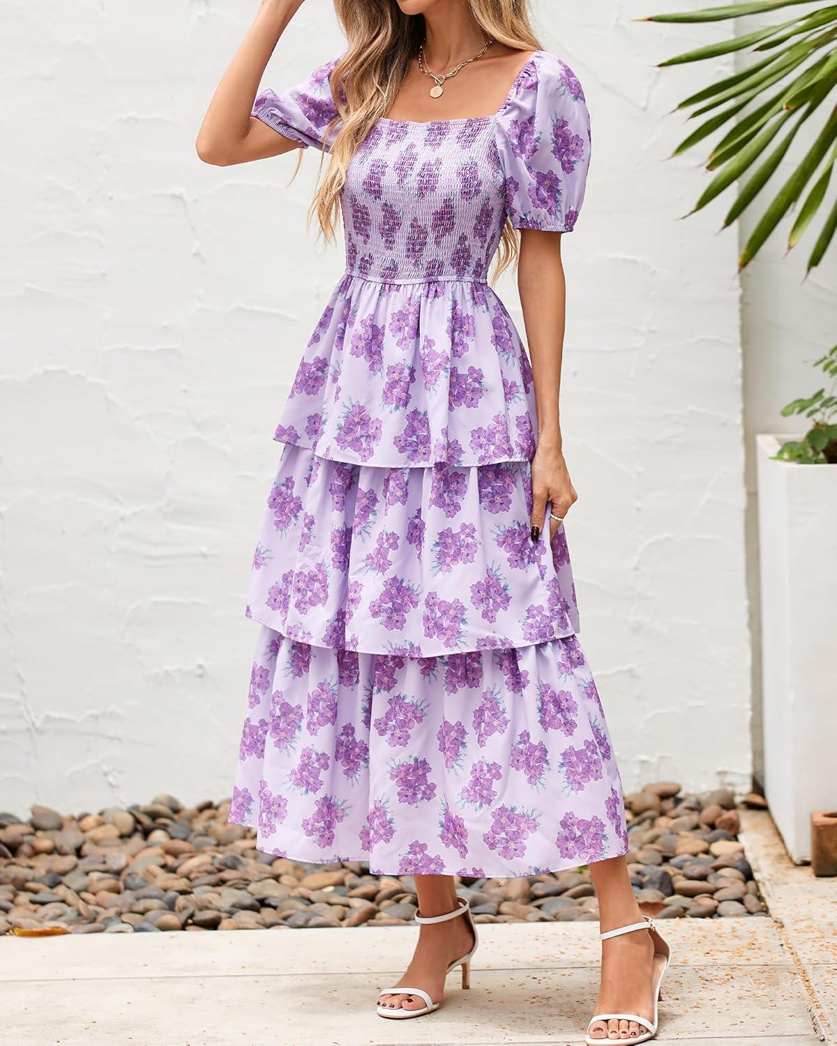 imageBTFBM Womens Square Neck Smocked Dress Summer Puff Short Sleeve Floral Casual Ruffle Tiered Maxi Wedding Guest DressesFloral Purple