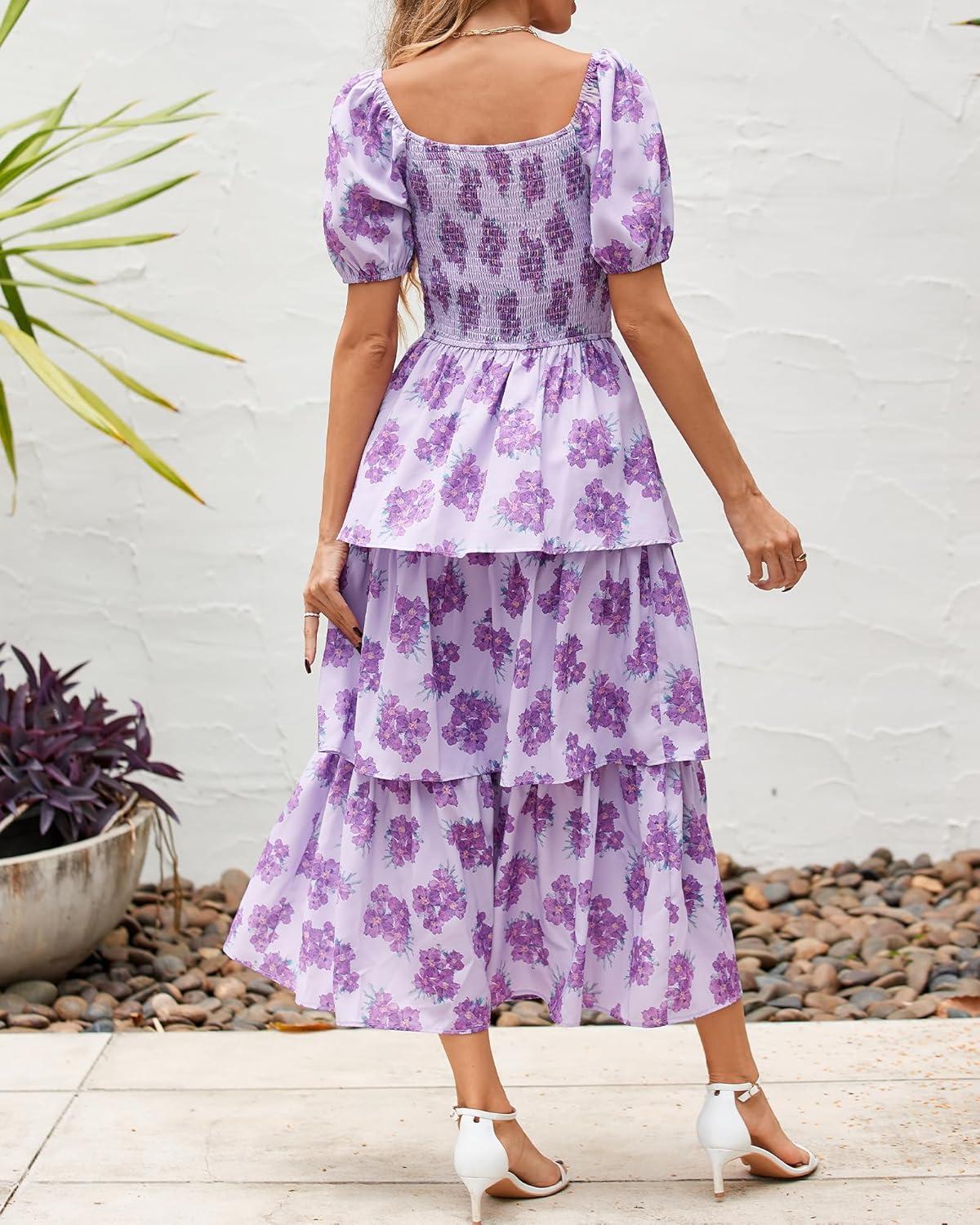 imageBTFBM Womens Square Neck Smocked Dress Summer Puff Short Sleeve Floral Casual Ruffle Tiered Maxi Wedding Guest DressesFloral Purple