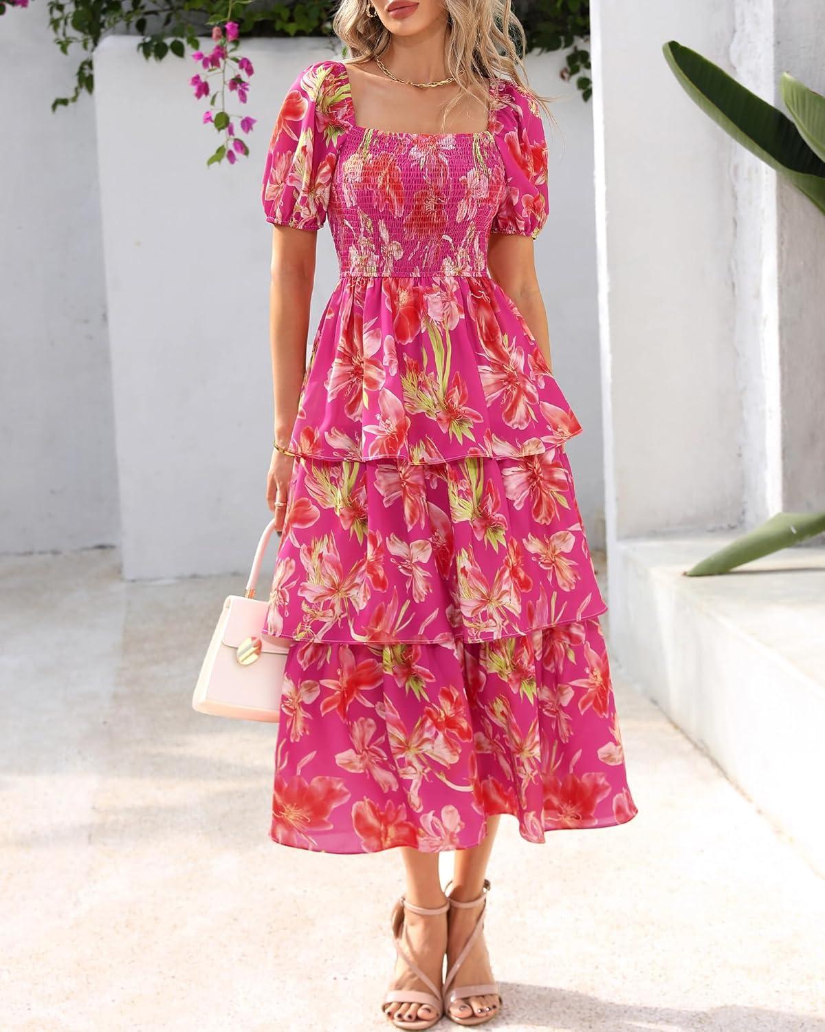 imageBTFBM Womens Square Neck Smocked Dress Summer Puff Short Sleeve Floral Casual Ruffle Tiered Maxi Wedding Guest DressesFloral Rose Red