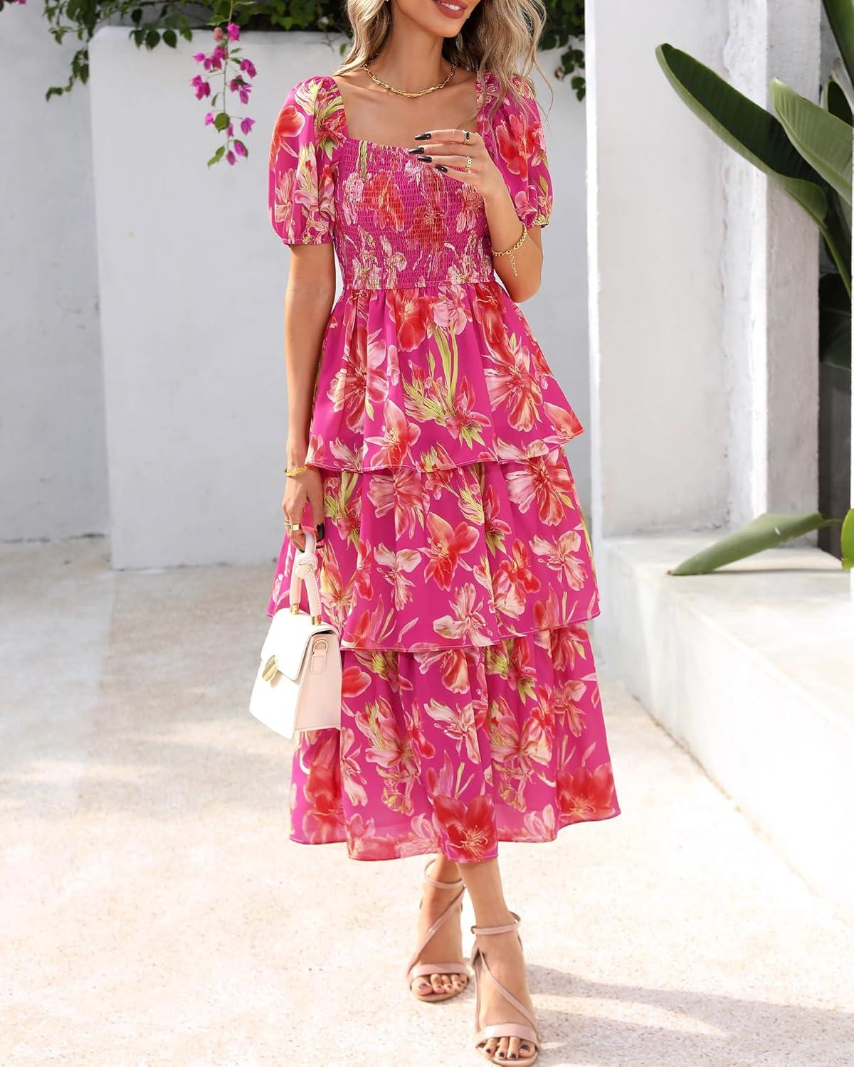 imageBTFBM Womens Square Neck Smocked Dress Summer Puff Short Sleeve Floral Casual Ruffle Tiered Maxi Wedding Guest DressesFloral Rose Red