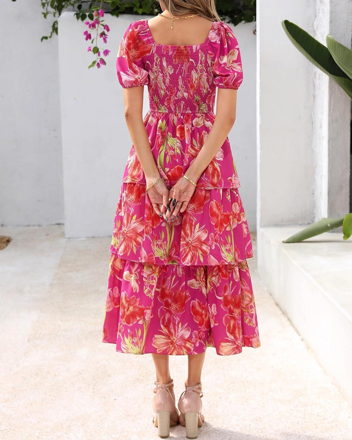 imageBTFBM Womens Square Neck Smocked Dress Summer Puff Short Sleeve Floral Casual Ruffle Tiered Maxi Wedding Guest DressesFloral Rose Red