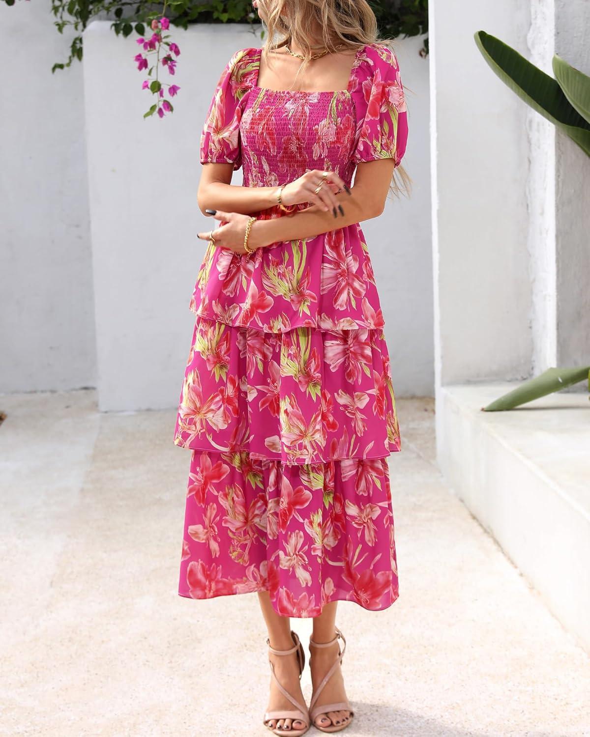imageBTFBM Womens Square Neck Smocked Dress Summer Puff Short Sleeve Floral Casual Ruffle Tiered Maxi Wedding Guest DressesFloral Rose Red