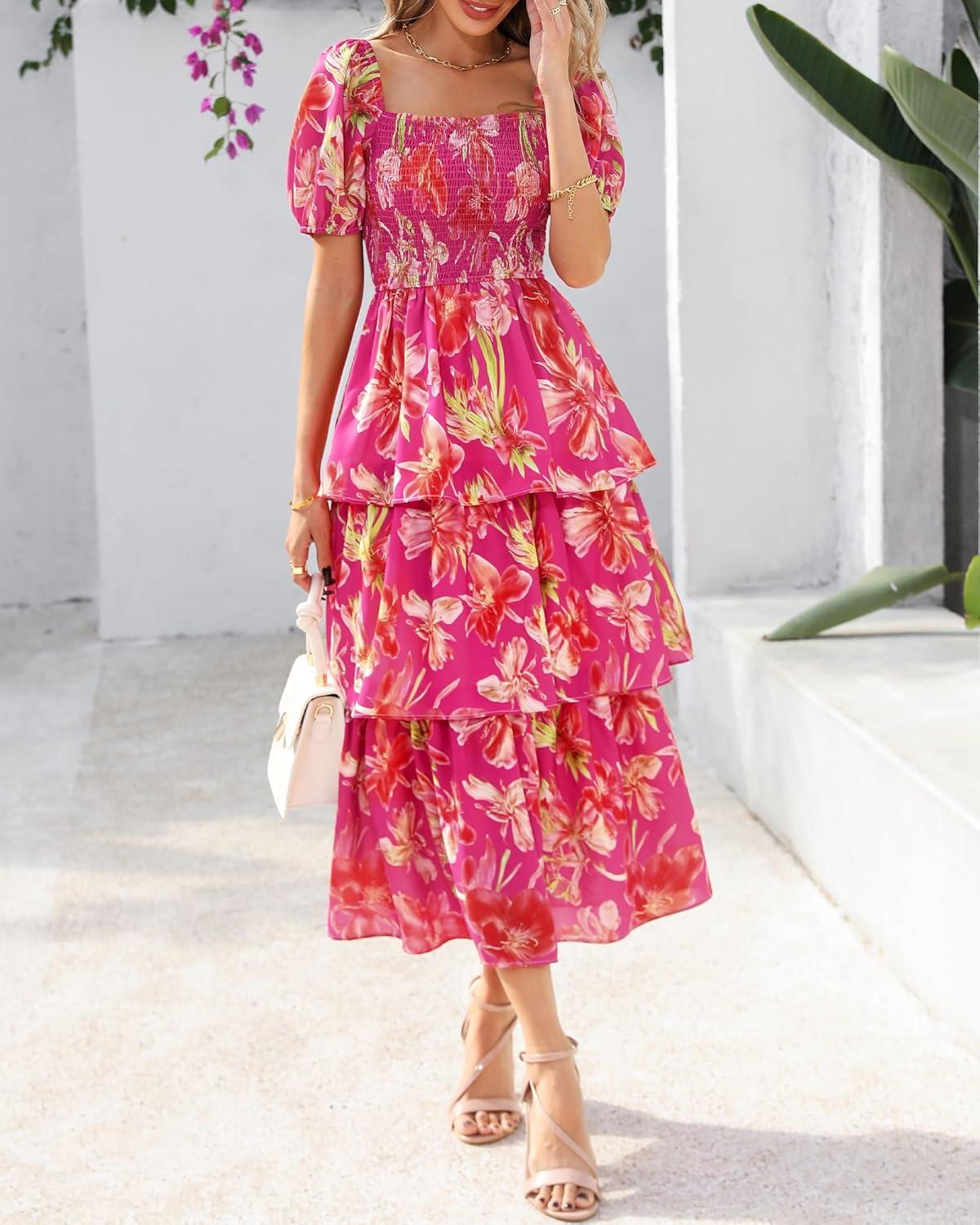 imageBTFBM Womens Square Neck Smocked Dress Summer Puff Short Sleeve Floral Casual Ruffle Tiered Maxi Wedding Guest DressesFloral Rose Red