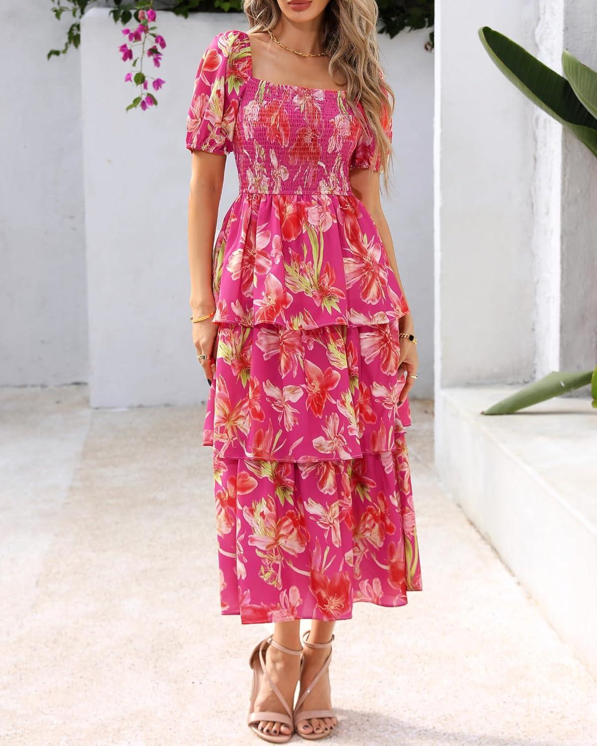 imageBTFBM Womens Square Neck Smocked Dress Summer Puff Short Sleeve Floral Casual Ruffle Tiered Maxi Wedding Guest DressesFloral Rose Red