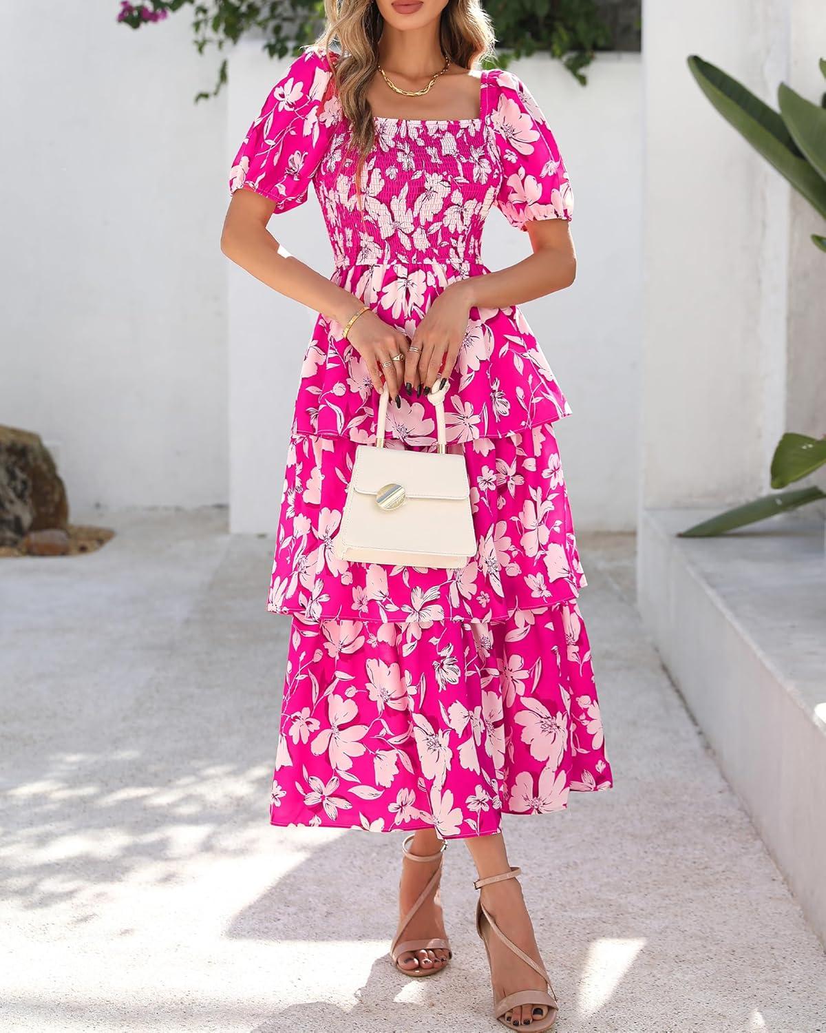 imageBTFBM Womens Square Neck Smocked Dress Summer Puff Short Sleeve Floral Casual Ruffle Tiered Maxi Wedding Guest DressesFloral Rose Red White