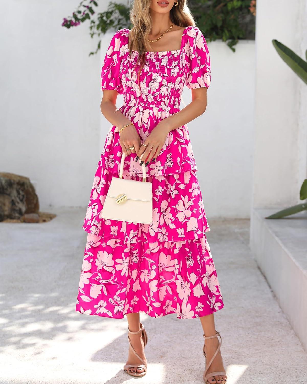 imageBTFBM Womens Square Neck Smocked Dress Summer Puff Short Sleeve Floral Casual Ruffle Tiered Maxi Wedding Guest DressesFloral Rose Red White