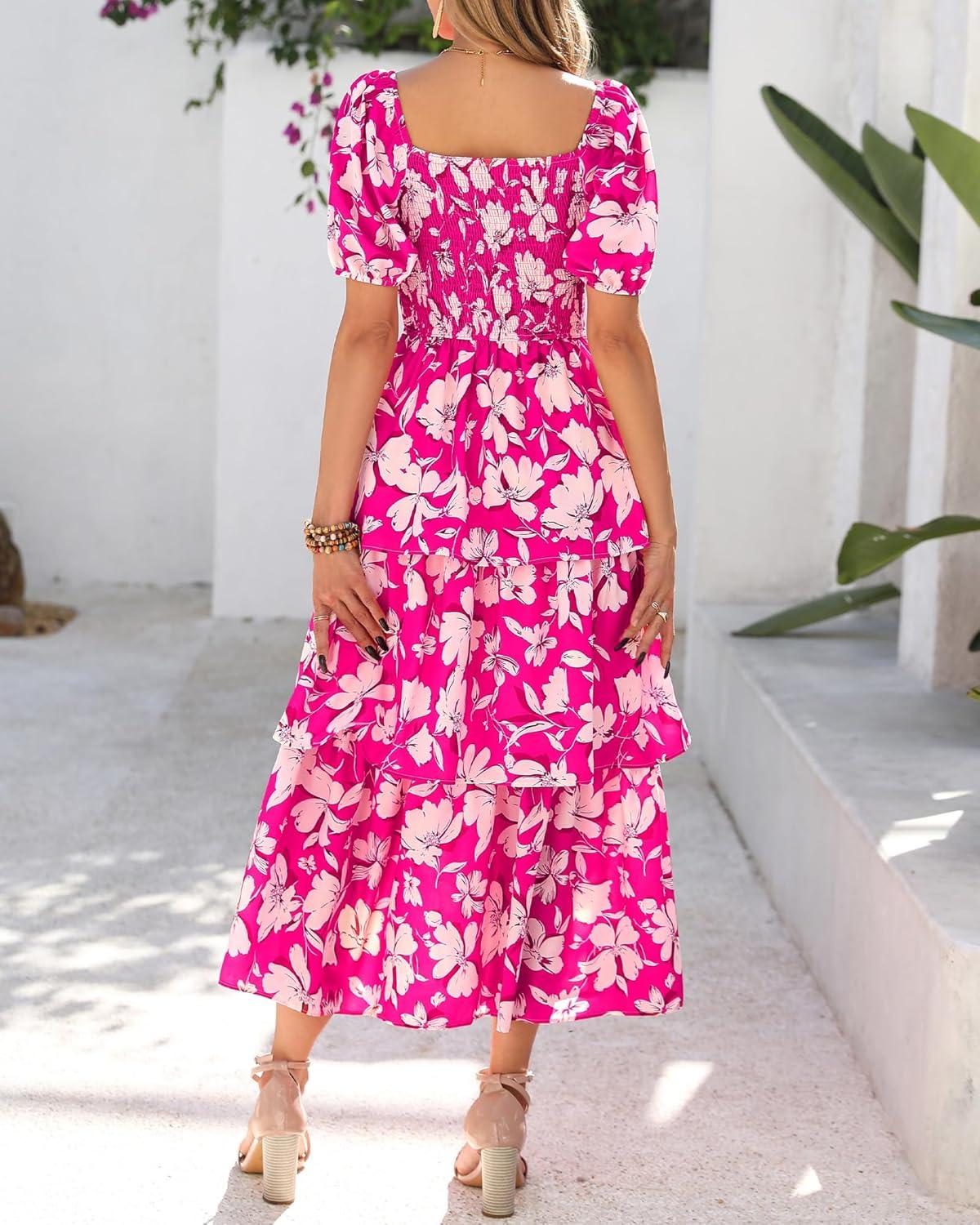 imageBTFBM Womens Square Neck Smocked Dress Summer Puff Short Sleeve Floral Casual Ruffle Tiered Maxi Wedding Guest DressesFloral Rose Red White