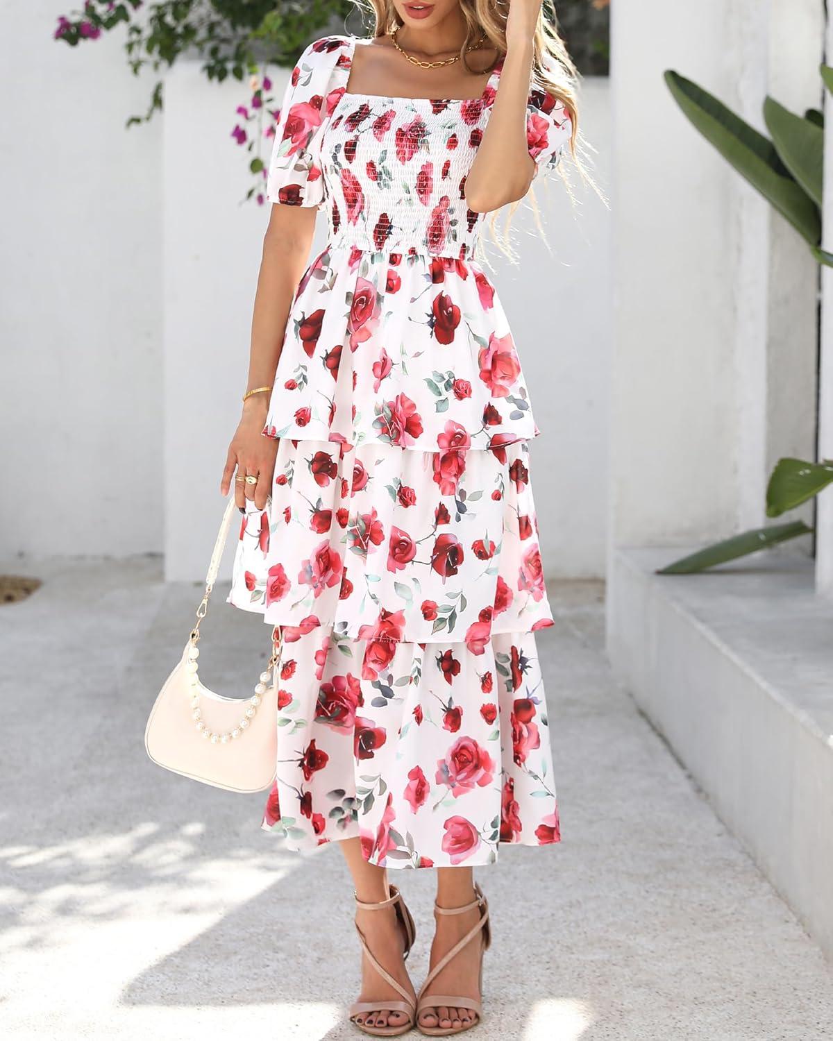 imageBTFBM Womens Square Neck Smocked Dress Summer Puff Short Sleeve Floral Casual Ruffle Tiered Maxi Wedding Guest DressesFloral White Red