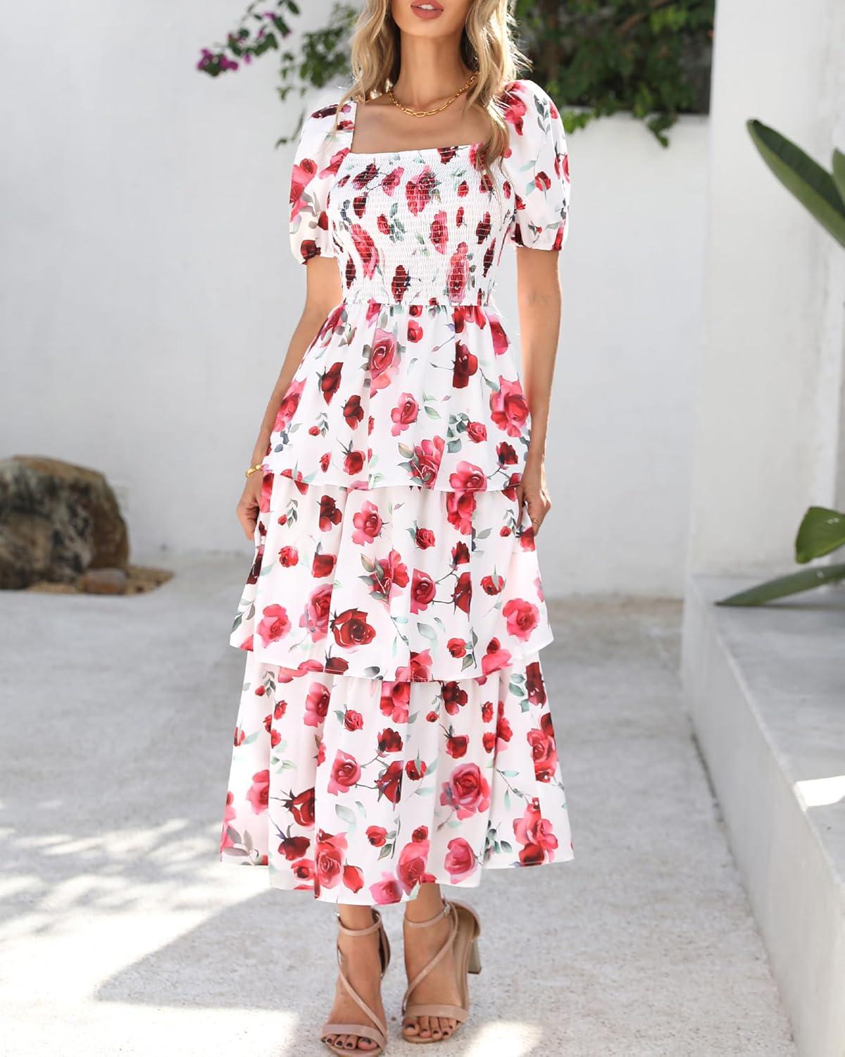 imageBTFBM Womens Square Neck Smocked Dress Summer Puff Short Sleeve Floral Casual Ruffle Tiered Maxi Wedding Guest DressesFloral White Red