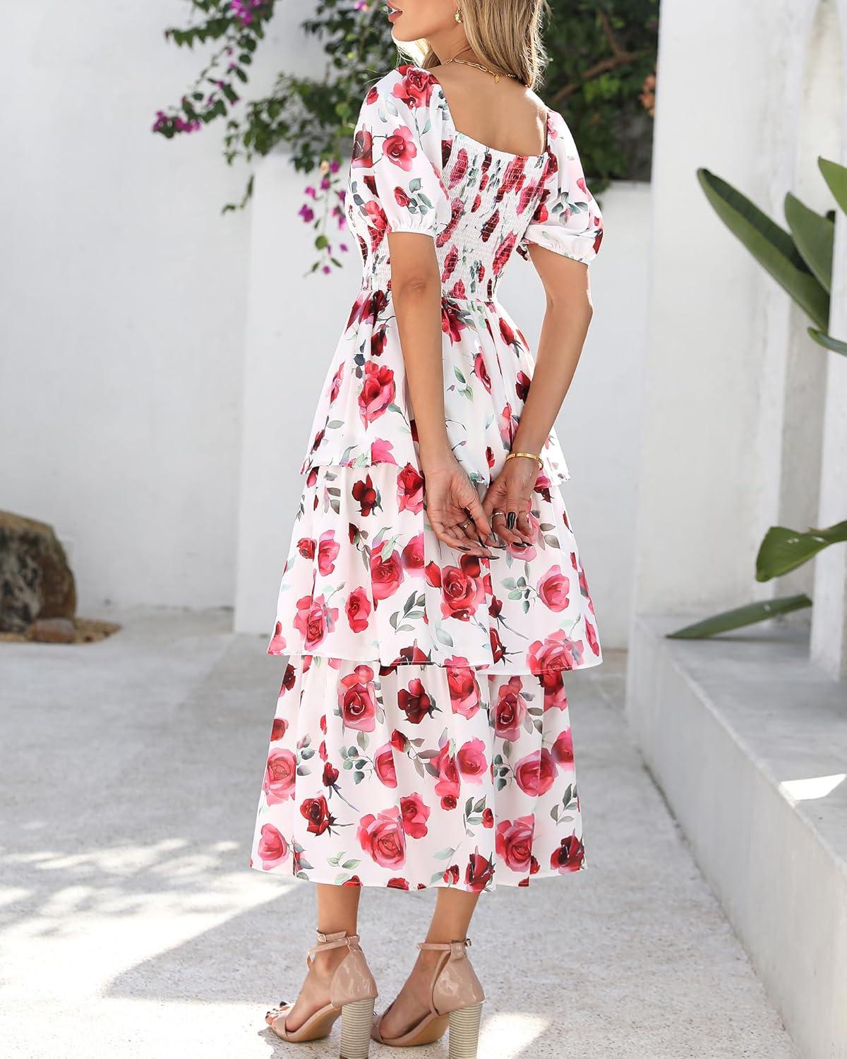 imageBTFBM Womens Square Neck Smocked Dress Summer Puff Short Sleeve Floral Casual Ruffle Tiered Maxi Wedding Guest DressesFloral White Red